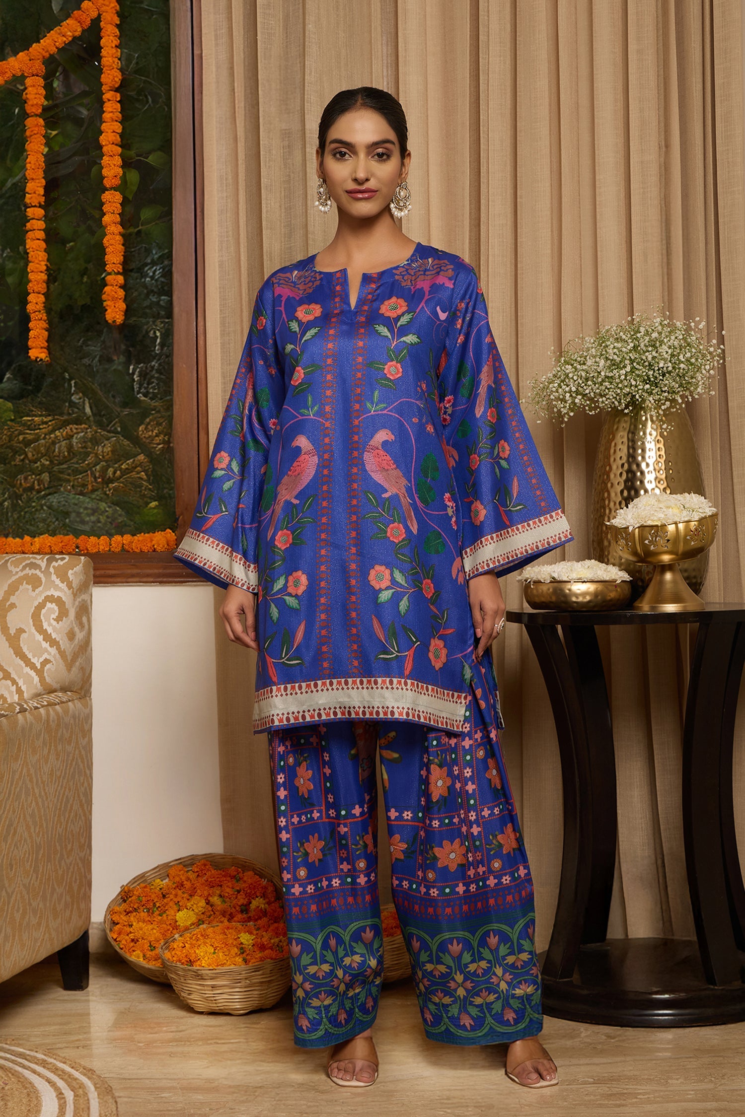 Lawn Cotton Shimmer Printed Cord Set with Bird & Floral Print - Royal Blue