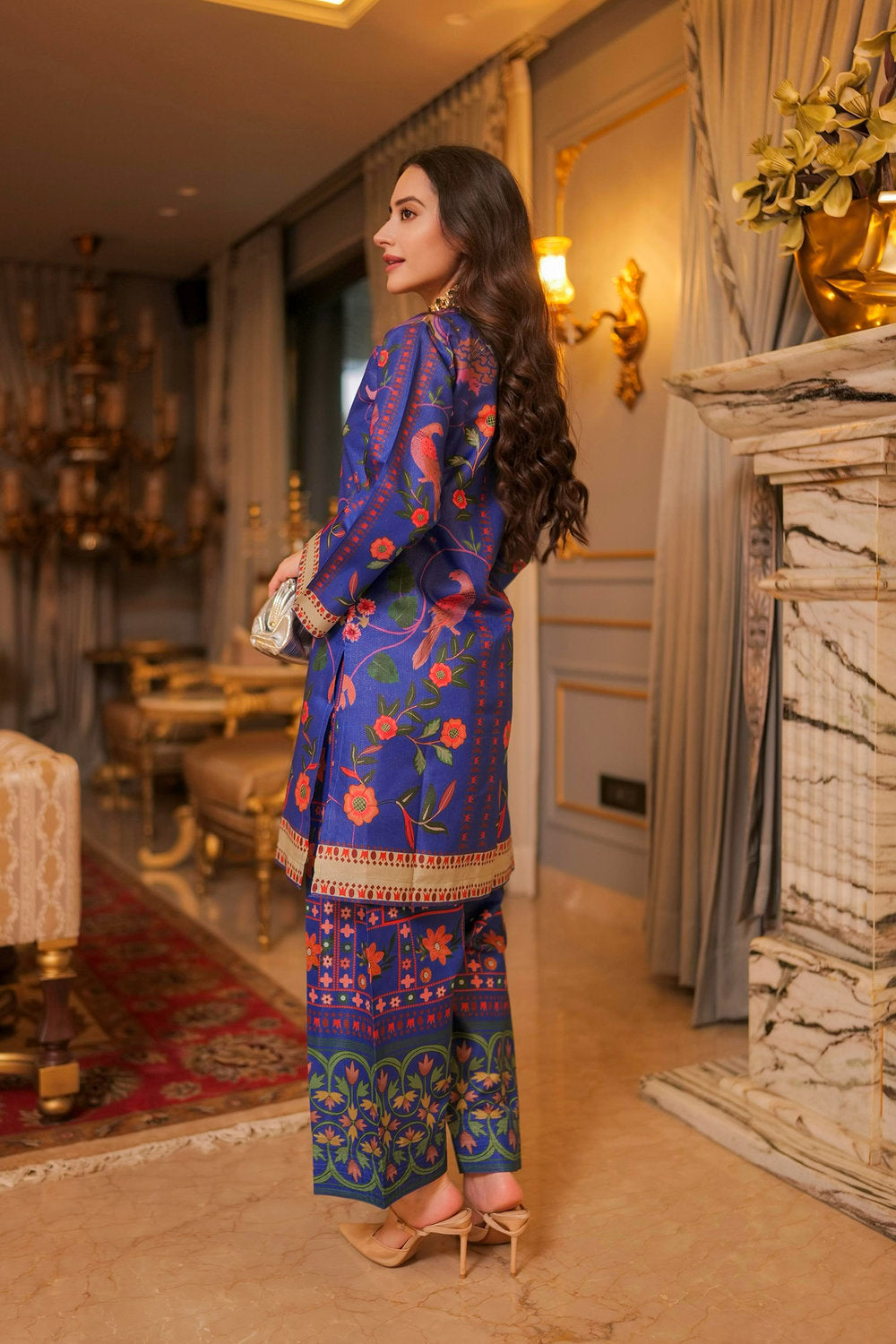 Komal X HOK Lawn Cotton Shimmer Printed Cord Set with Bird & Floral Print - Royal Blue