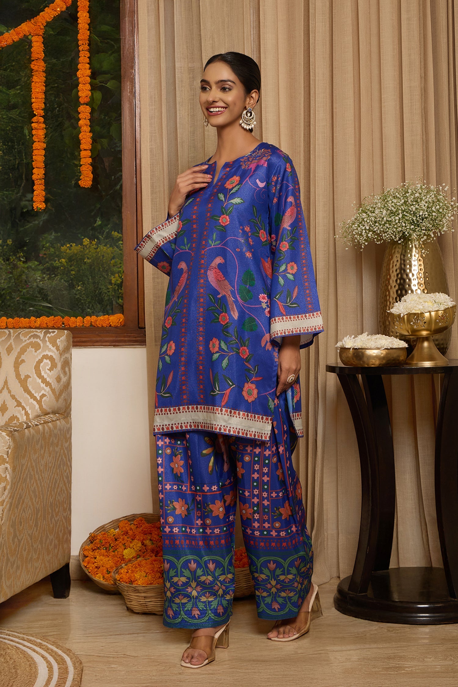 Lawn Cotton Shimmer Printed Cord Set with Bird & Floral Print - Royal Blue