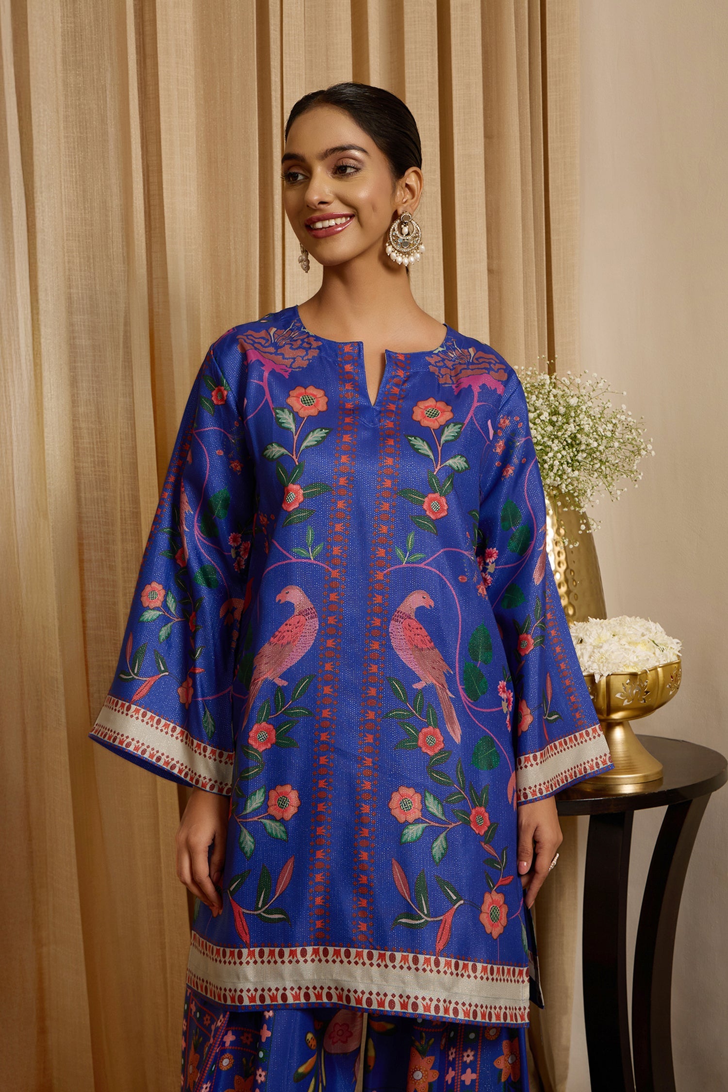 Lawn Cotton Shimmer Printed Cord Set with Bird & Floral Print - Royal Blue