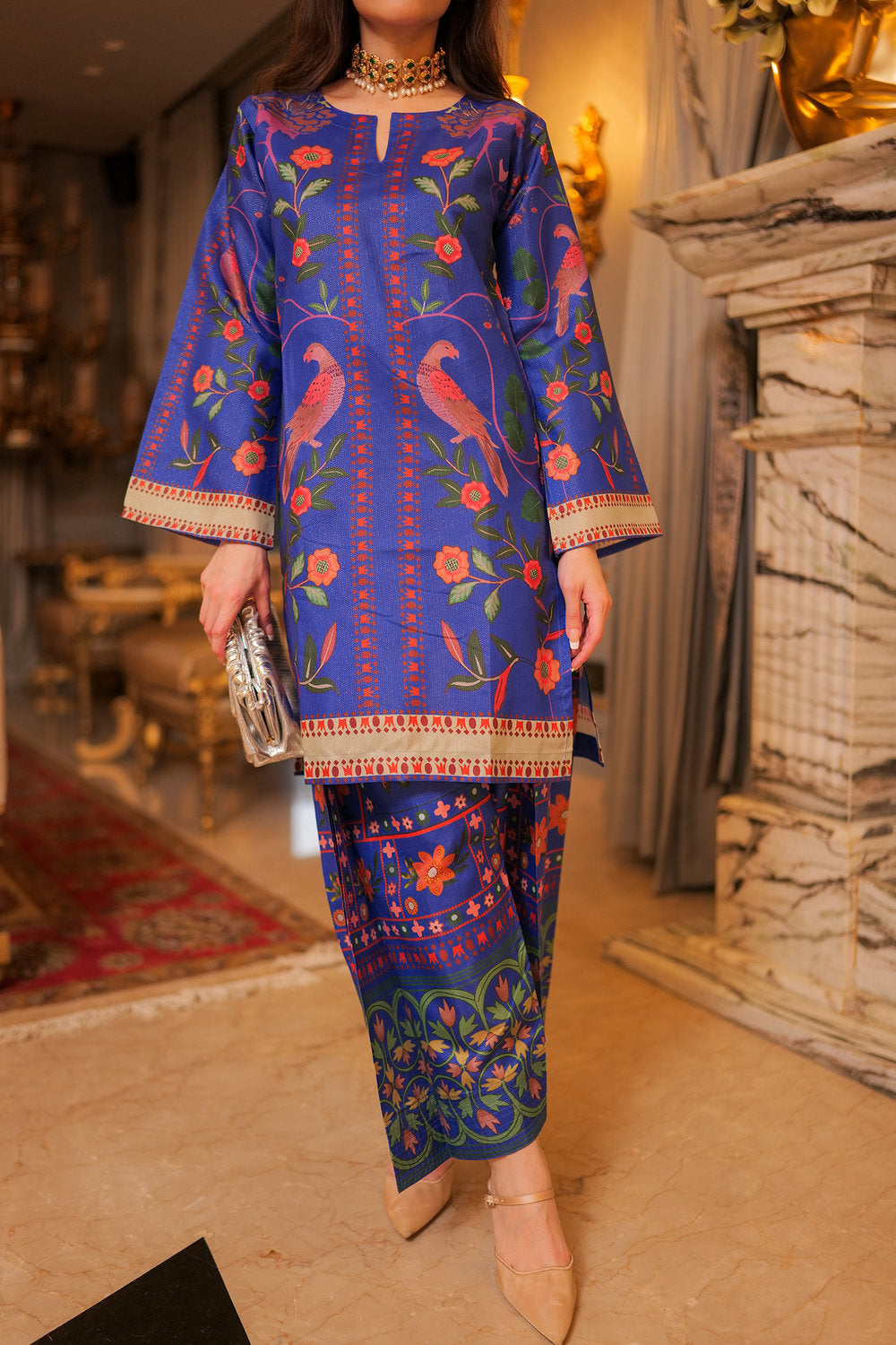 Komal X HOK Lawn Cotton Shimmer Printed Cord Set with Bird & Floral Print - Royal Blue