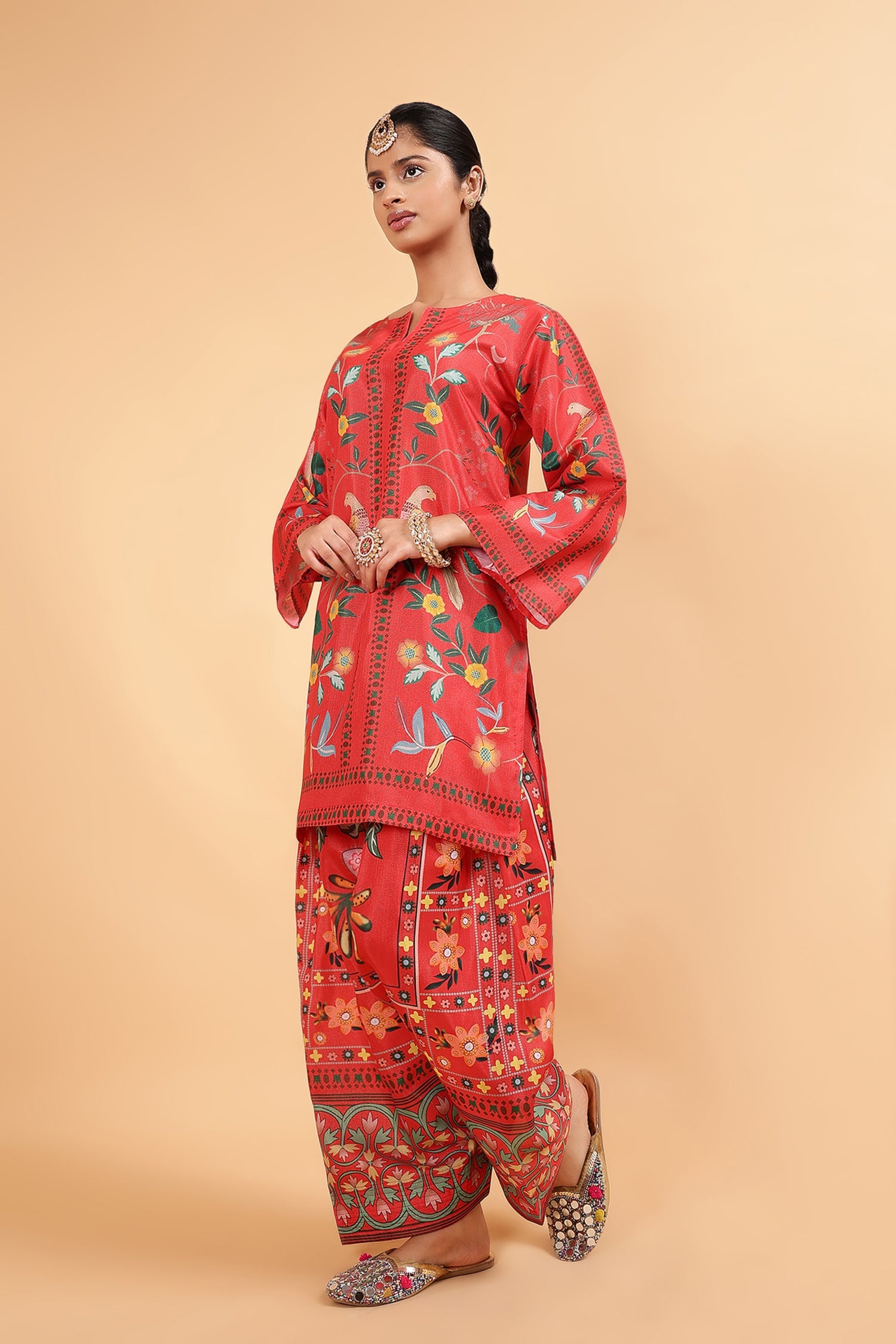 Lawn Cotton Shimmer Printed Cord Set with Bird & Floral Print - Red