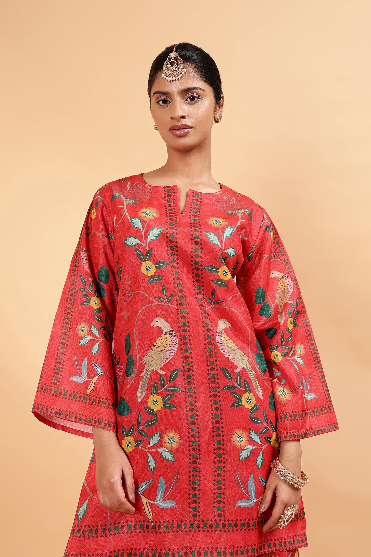 Lawn Cotton Shimmer Printed Cord Set with Bird & Floral Print - Red