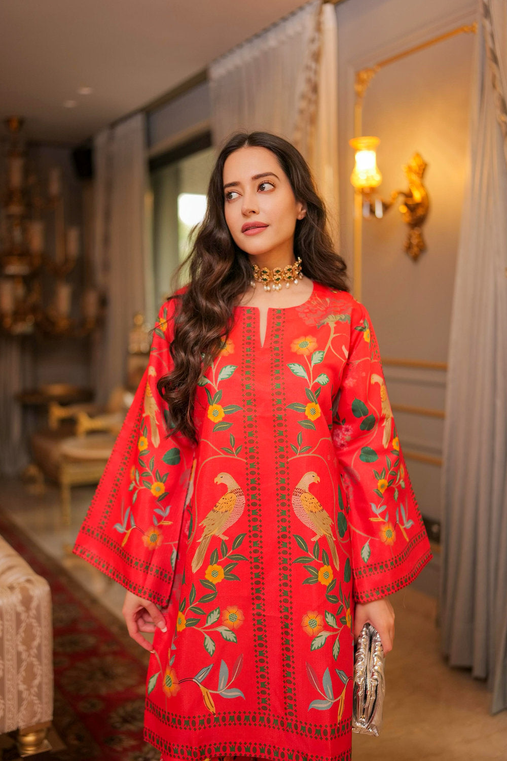 Komal X HOK Lawn Cotton Shimmer Printed Cord Set with Bird & Floral Print - Red