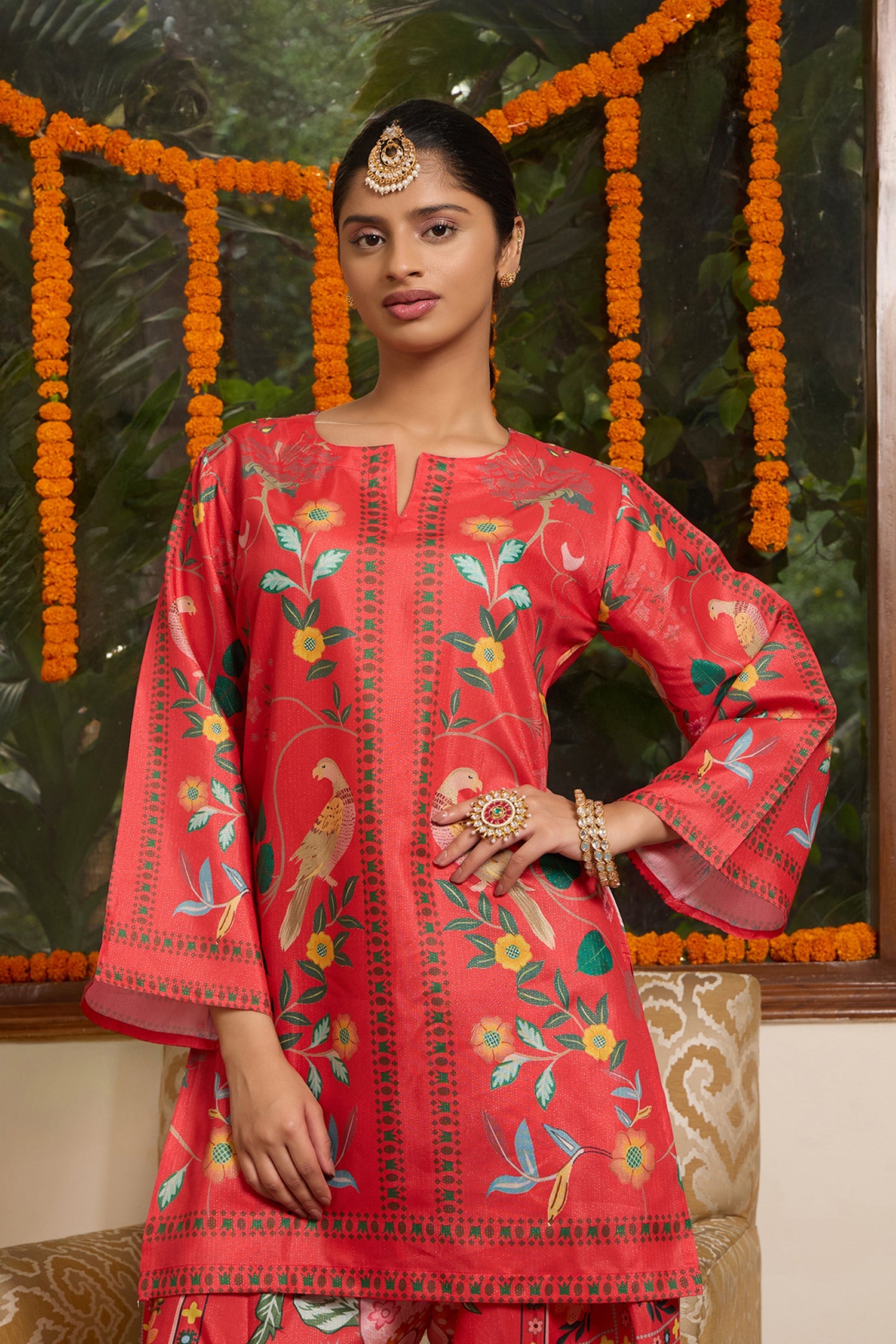 Lawn Cotton Shimmer Printed Cord Set with Bird & Floral Print - Red