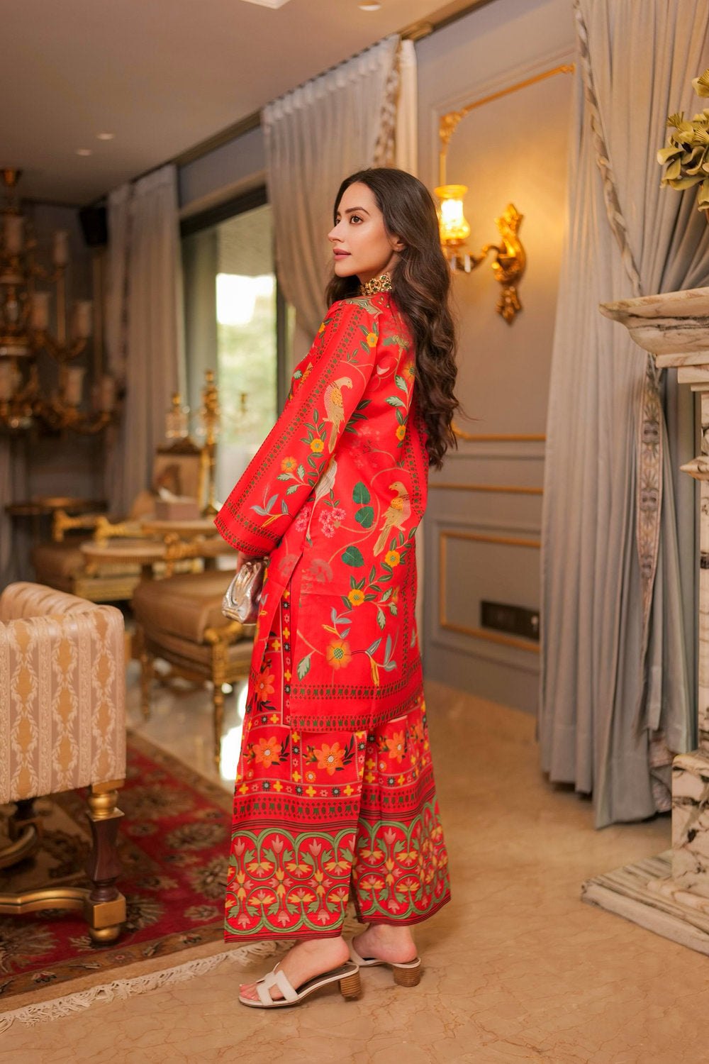 Komal X HOK Lawn Cotton Shimmer Printed Cord Set with Bird & Floral Print - Red