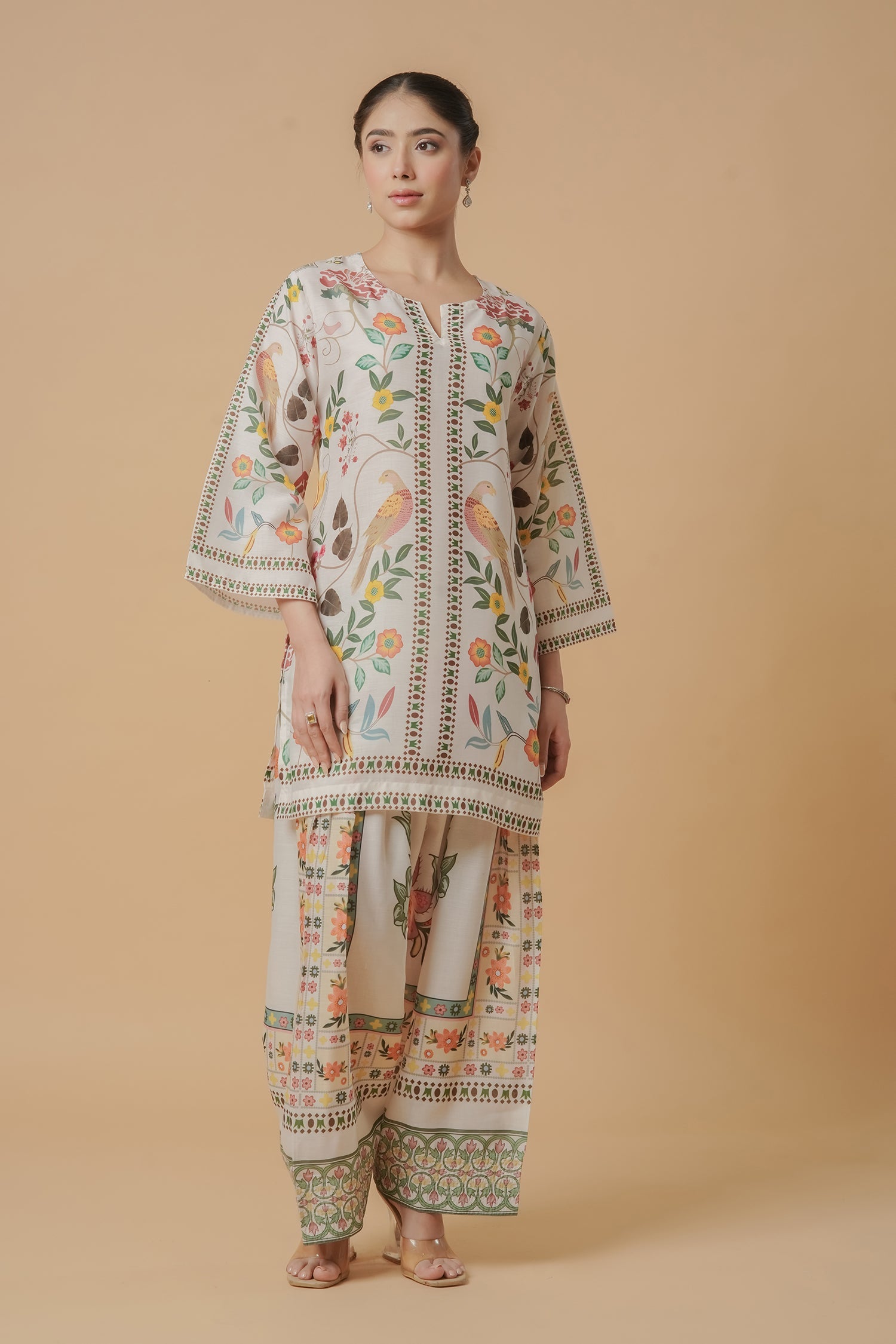 Aishani in Lawn Cotton Co-ord Set - Off White with Bird and Floral Print with Farsi Pant