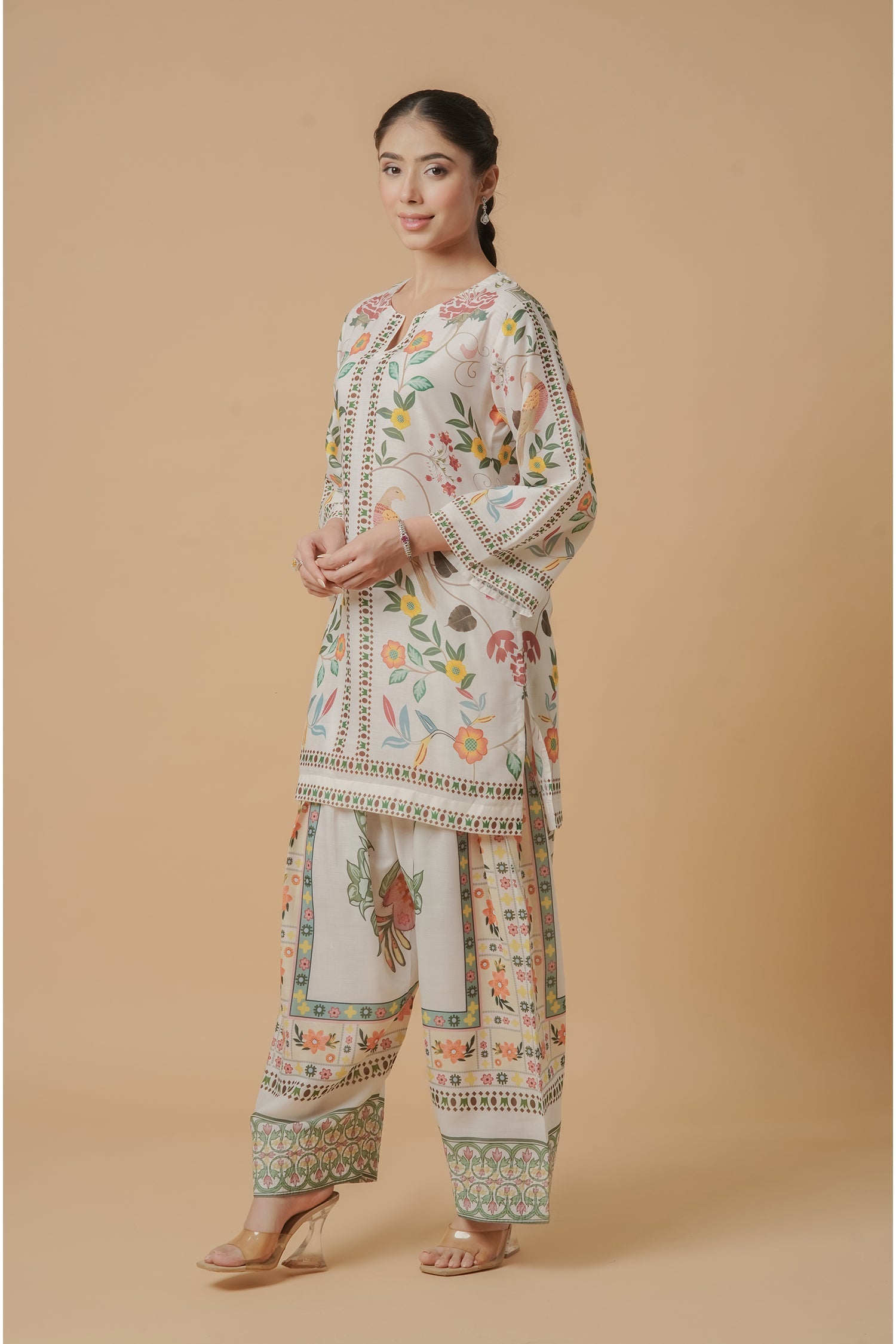 Aishani in Lawn Cotton Co-ord Set - Off White with Bird and Floral Print with Farsi Pant