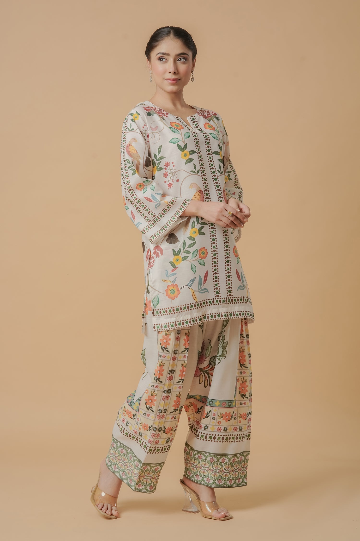 Aishani in Lawn Cotton Co-ord Set - Off White with Bird and Floral Print with Farsi Pant