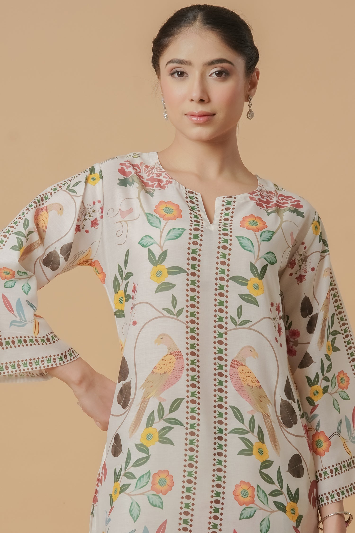 Aishani in Lawn Cotton Co-ord Set - Off White with Bird and Floral Print with Farsi Pant