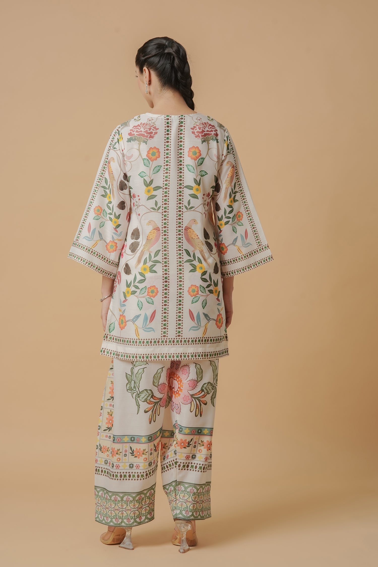 Aishani in Lawn Cotton Co-ord Set - Off White with Bird and Floral Print with Farsi Pant