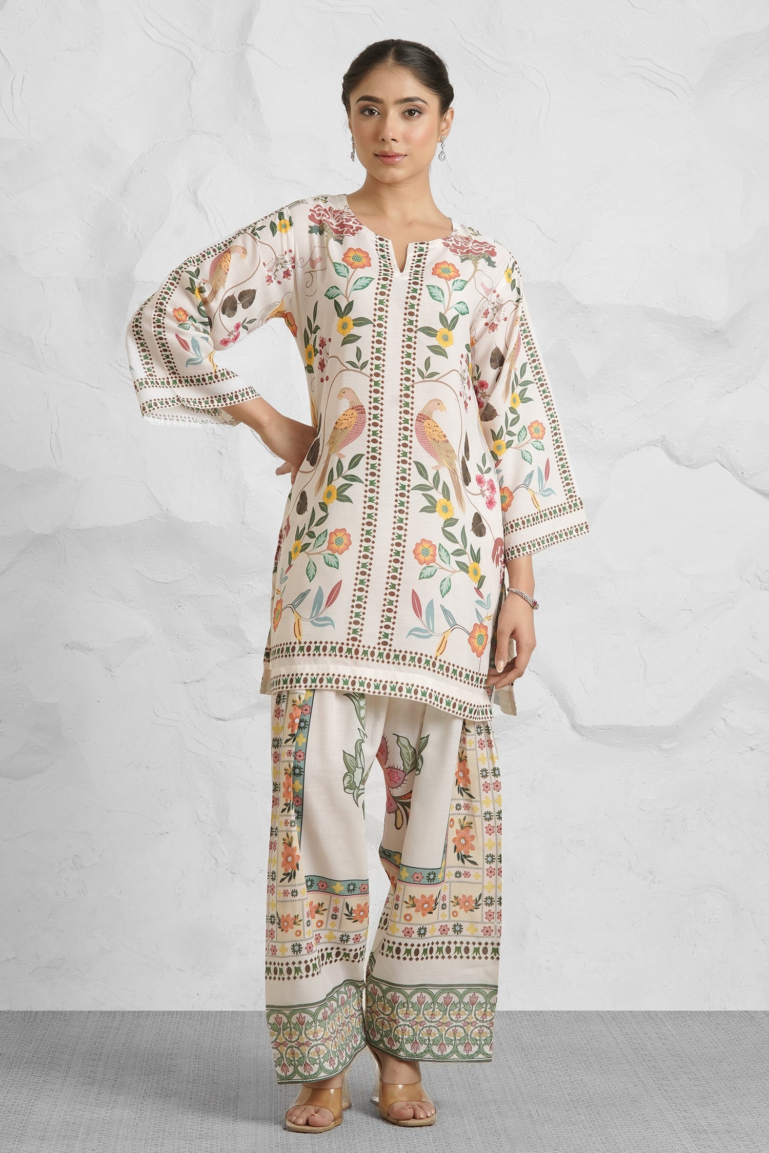 Lawn Cotton Co-ord Set - Off White with Bird and Floral Print with Farsi Pant