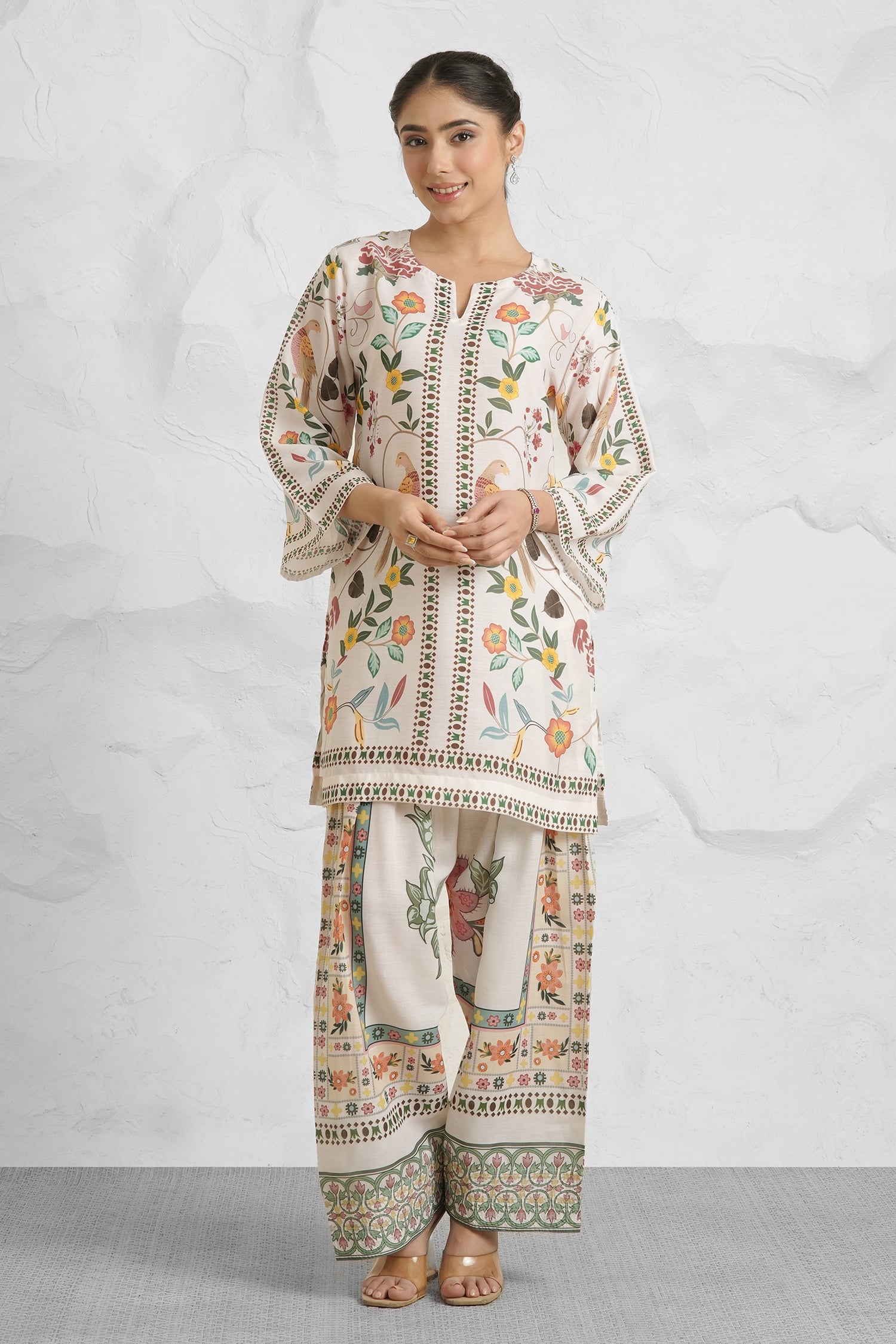Lawn Cotton Co-ord Set - Off White with Bird and Floral Print with Farsi Pant