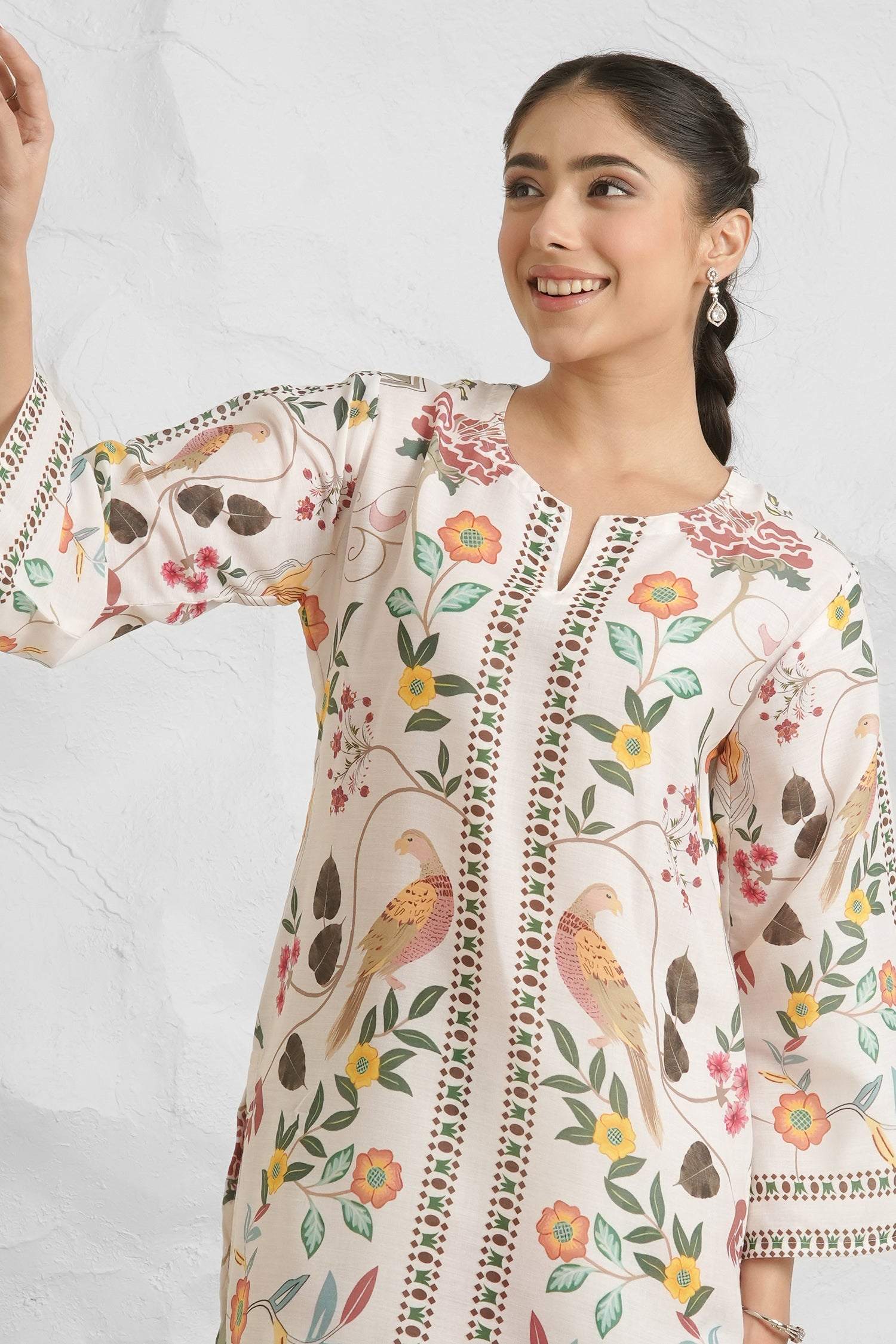 Lawn Cotton Co-ord Set - Off White with Bird and Floral Print with Farsi Pant