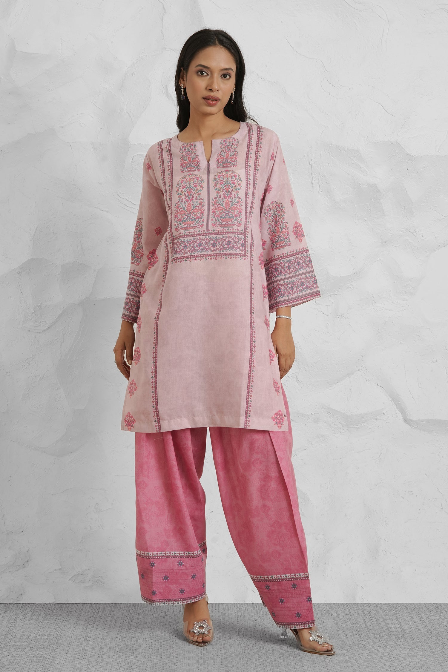 Lawn Cotton Printkari Co-ord Set – Blush Pink Floral with Farsi Pant
