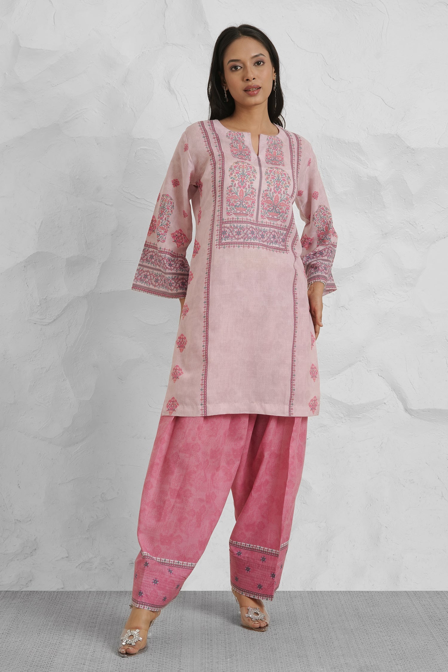 Lawn Cotton Printkari Co-ord Set – Blush Pink Floral with Farsi Pant