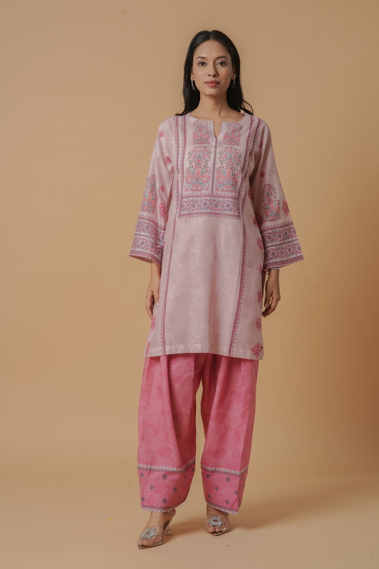 Lawn Cotton Printkari Co-ord Set – Blush Pink Floral with Farsi Pant