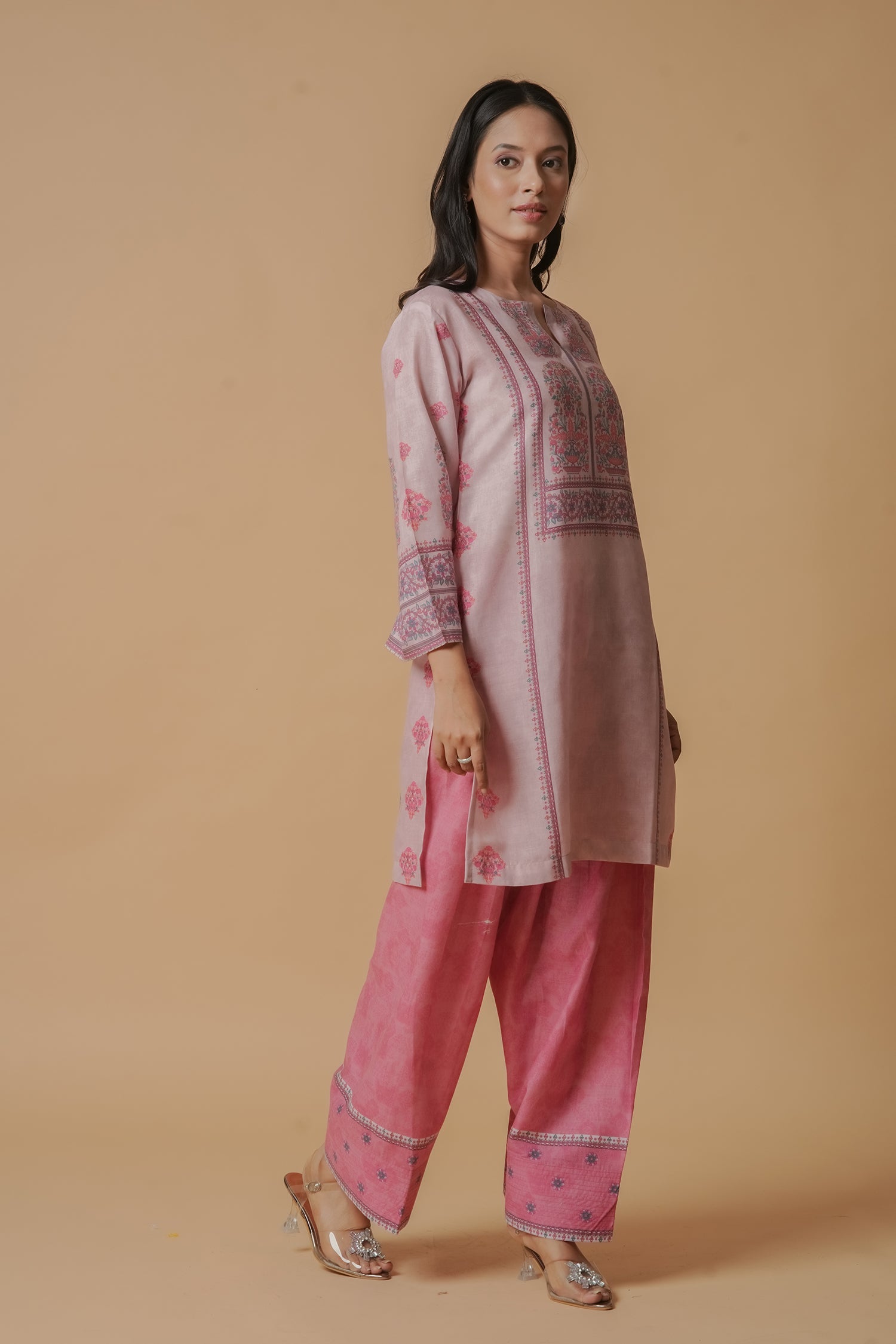 Lawn Cotton Printkari Co-ord Set – Blush Pink Floral with Farsi Pant