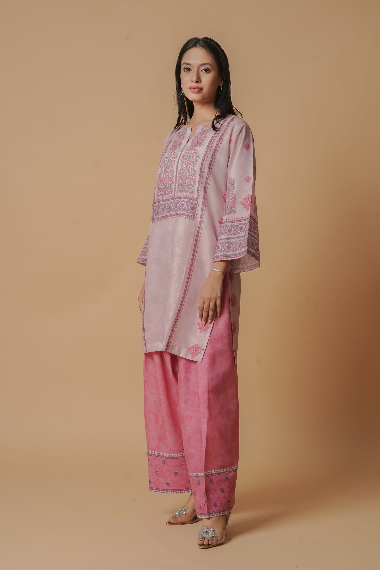 Lawn Cotton Printkari Co-ord Set – Blush Pink Floral with Farsi Pant