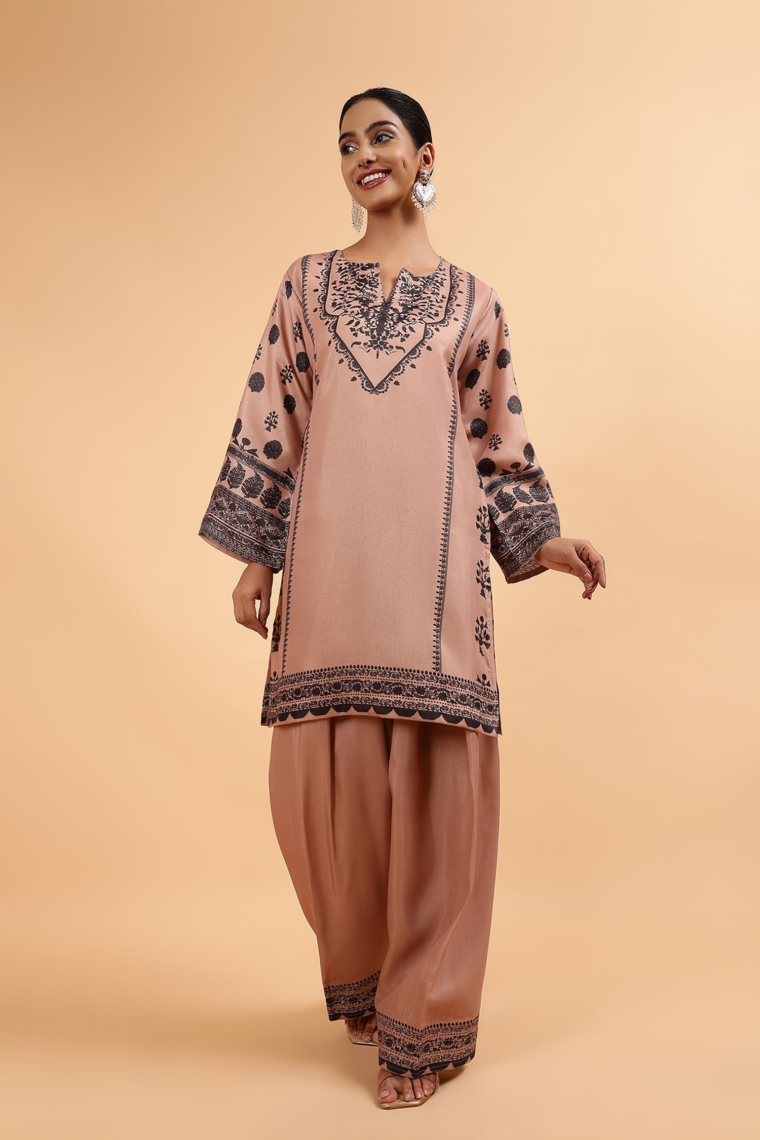 Lawn Cotton Shimmer Printed Cord Set with Black Motif Print & Farsi Bottom - Beige