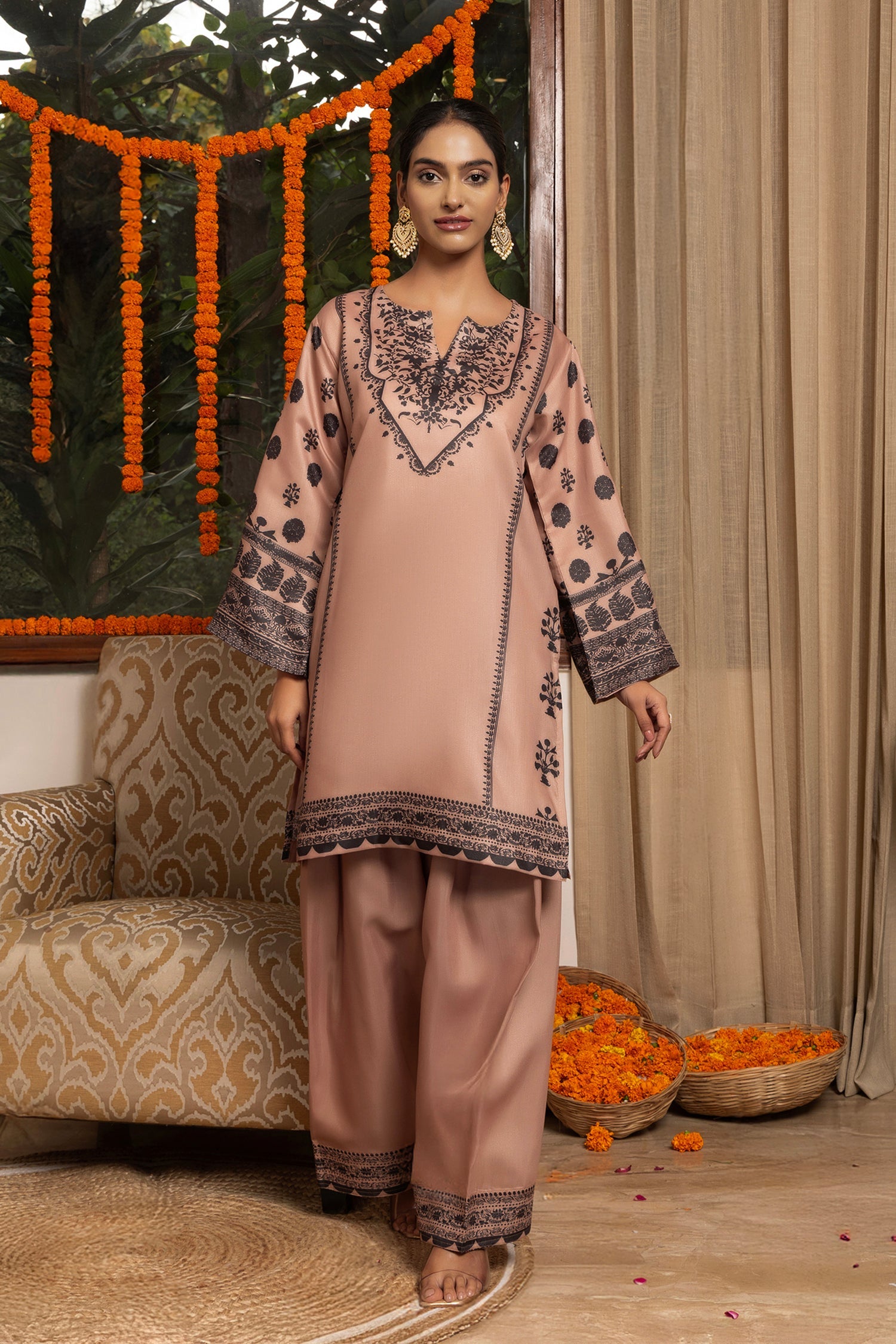 Lawn Cotton Shimmer Printed Cord Set with Black Motif Print & Farsi Bottom - Beige