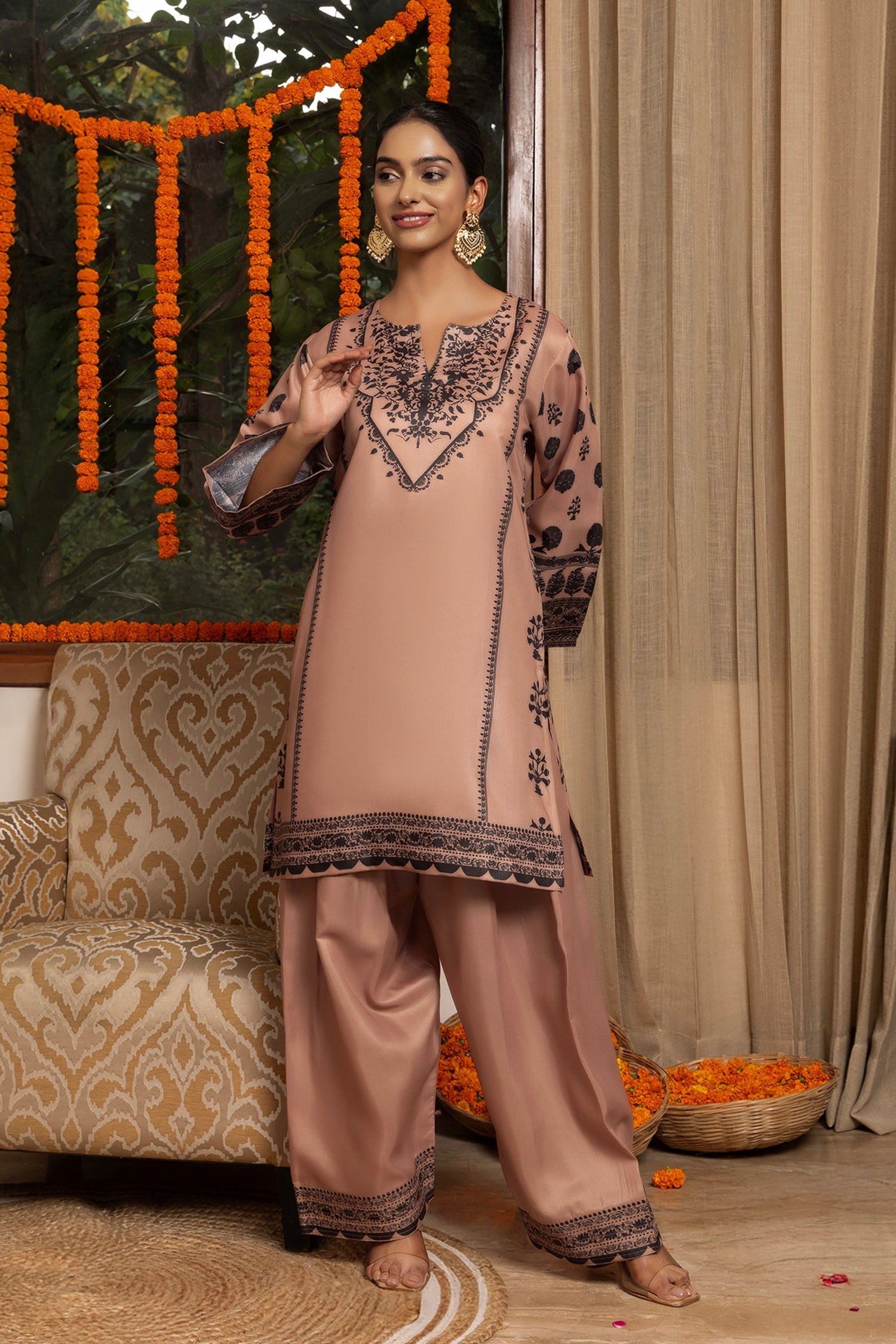 Lawn Cotton Shimmer Printed Cord Set with Black Motif Print & Farsi Bottom - Beige