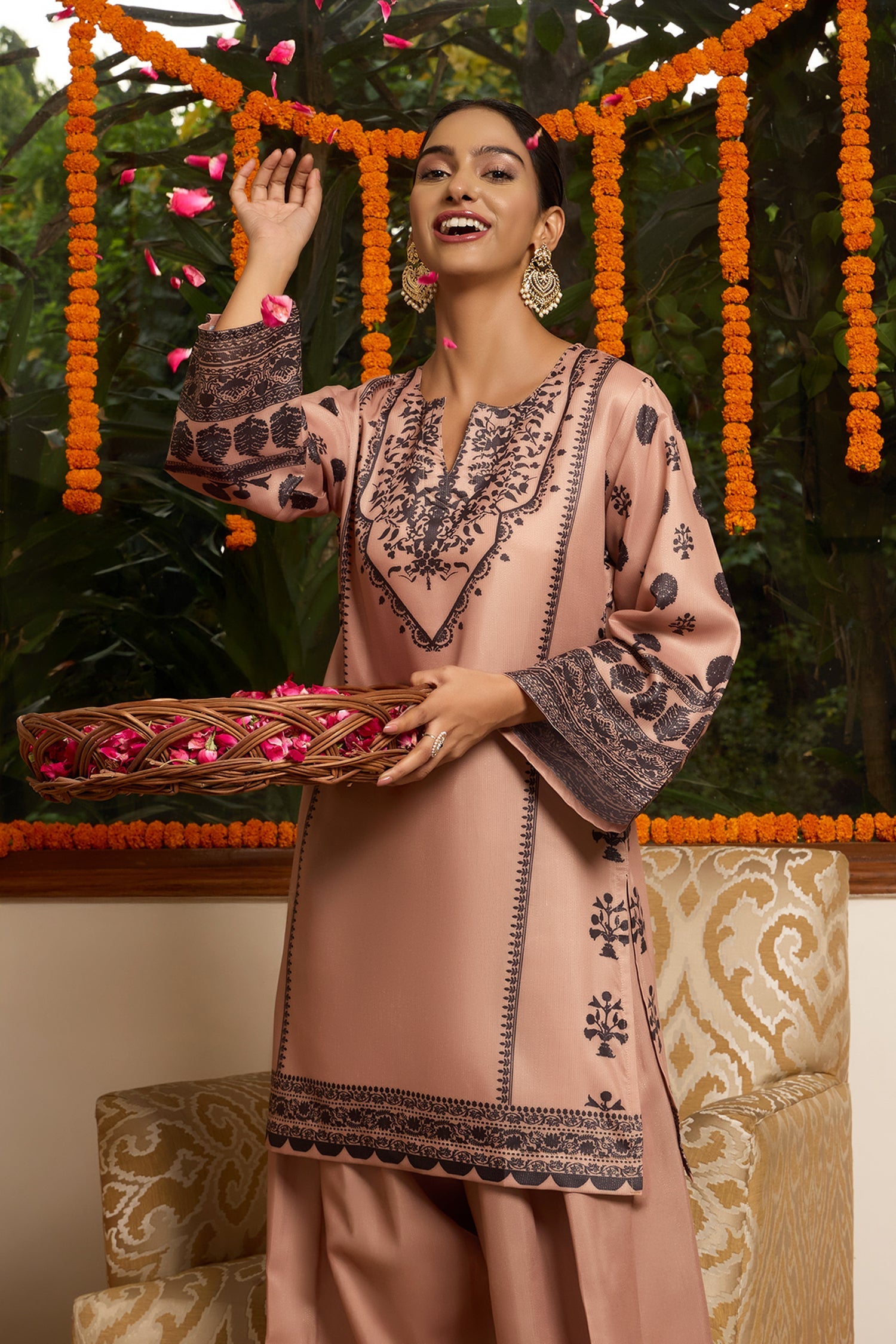 Lawn Cotton Shimmer Printed Cord Set with Black Motif Print & Farsi Bottom - Beige