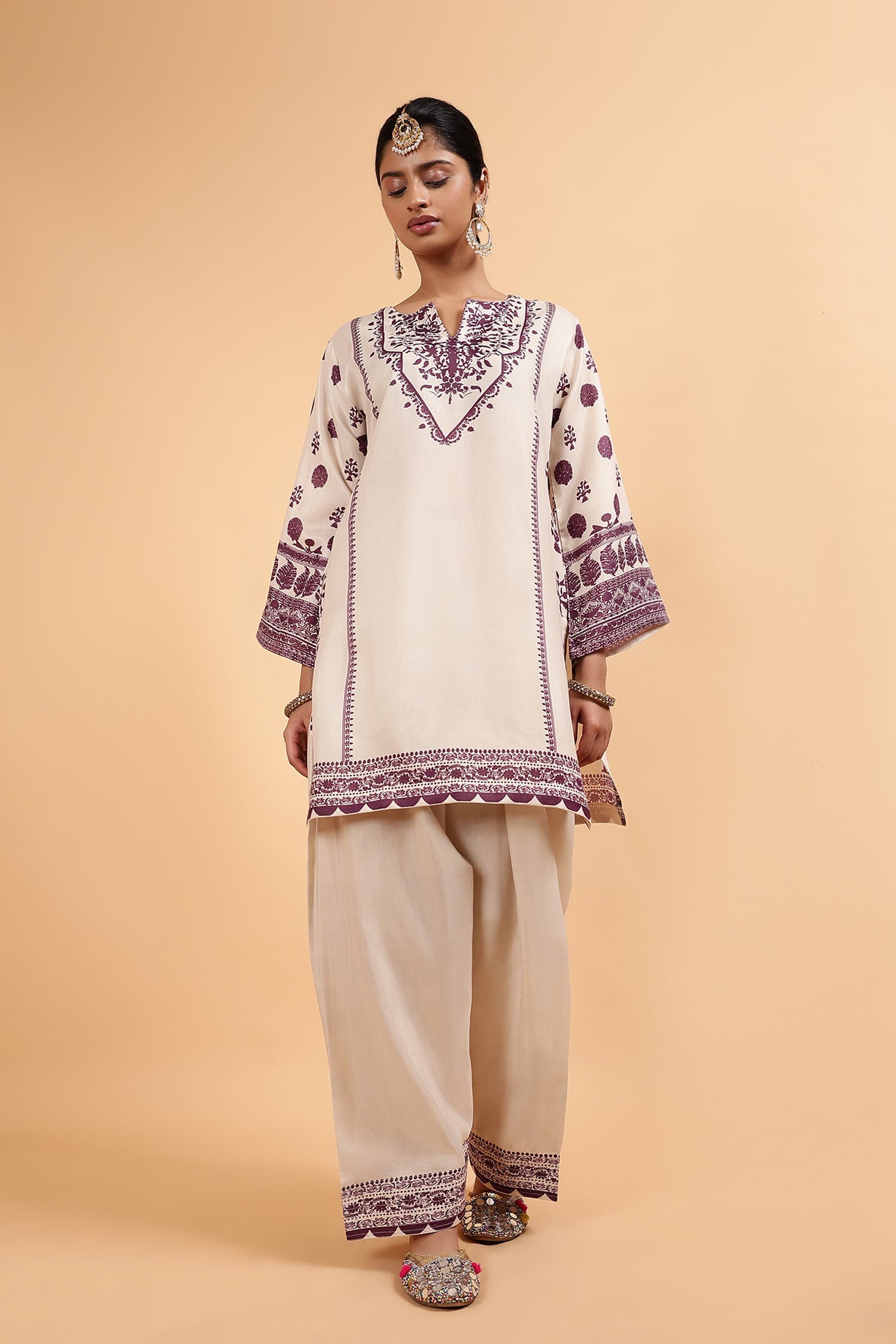 Arti in Lawn Cotton Shimmer Printed Cord Set with Farsi Bottom - Ivory