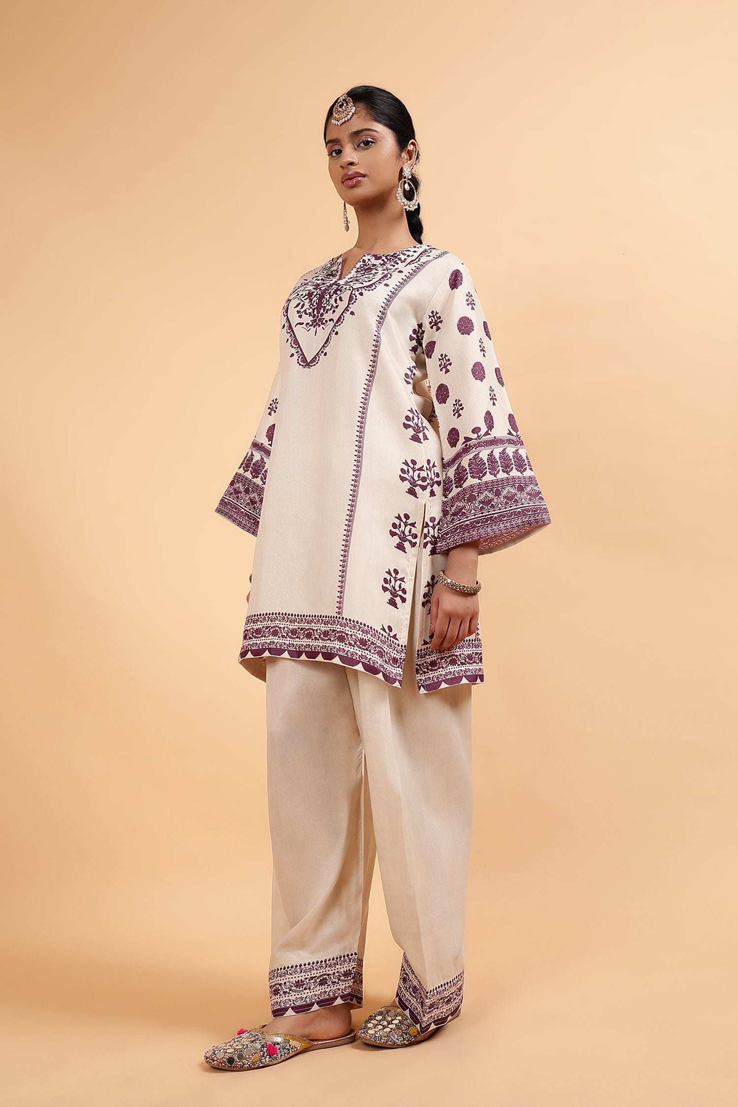 Arti in Lawn Cotton Shimmer Printed Cord Set with Farsi Bottom - Ivory