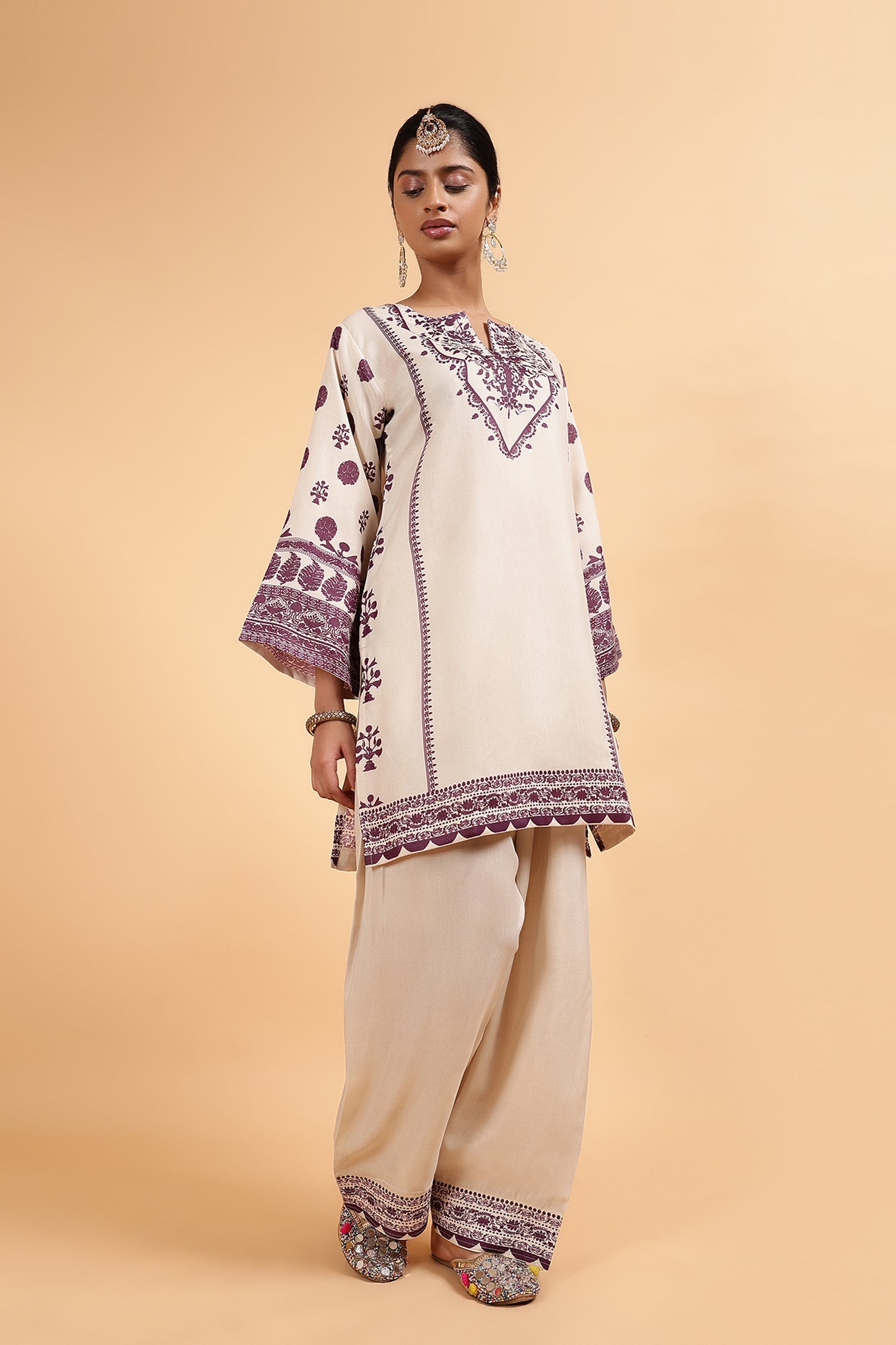 Arti in Lawn Cotton Shimmer Printed Cord Set with Farsi Bottom - Ivory