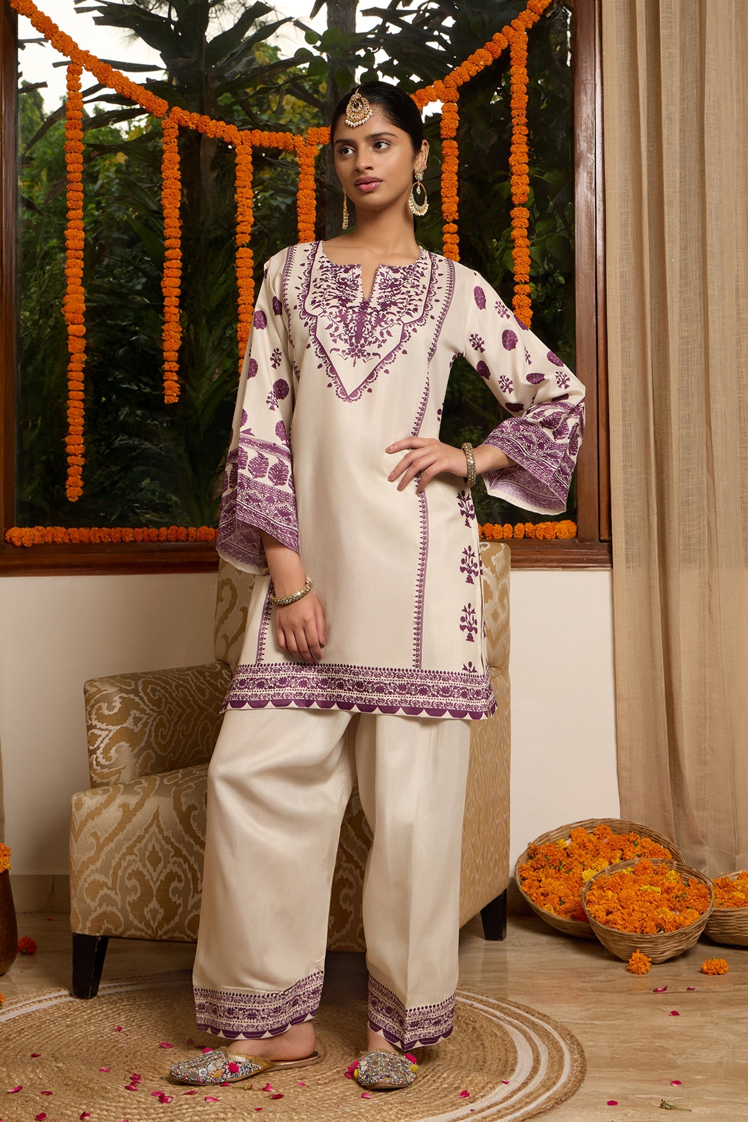 Lawn Cotton Shimmer Printed Cord Set with Farsi Bottom - Ivory