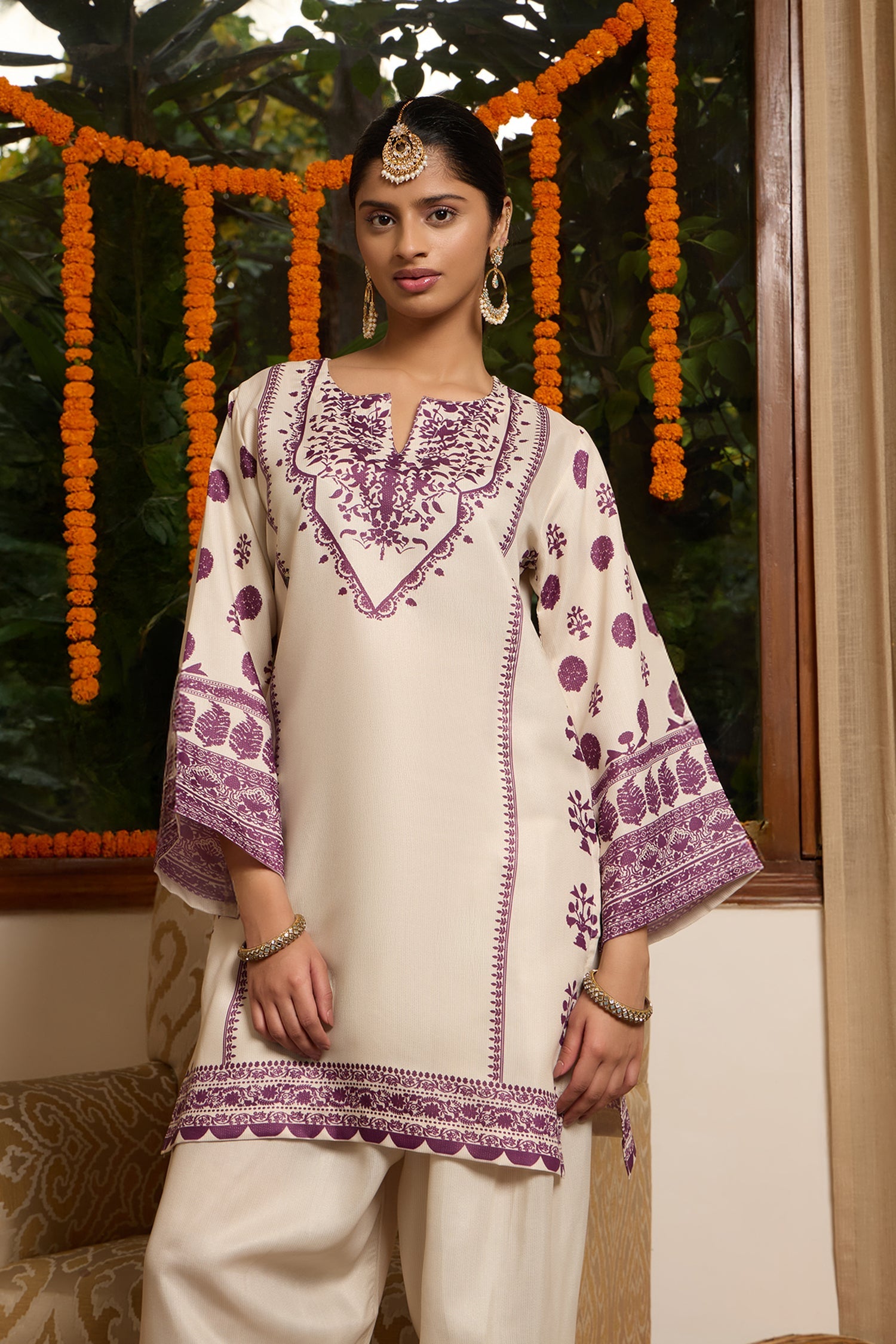 Lawn Cotton Shimmer Printed Cord Set with Farsi Bottom - Ivory