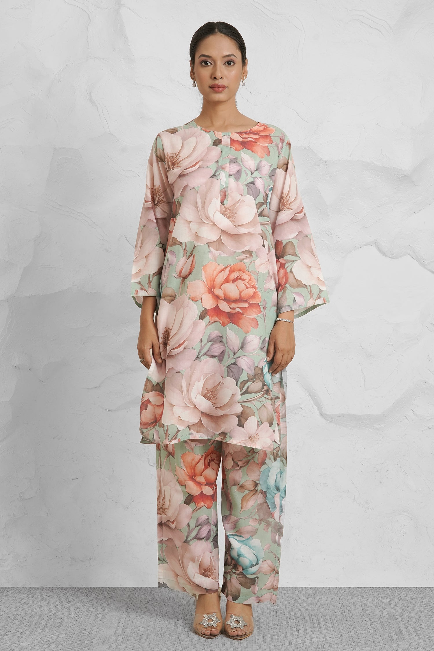 Lawn Cotton Printkari Co-ord Set – Multicolor Pastel Floral Print With Straight pant