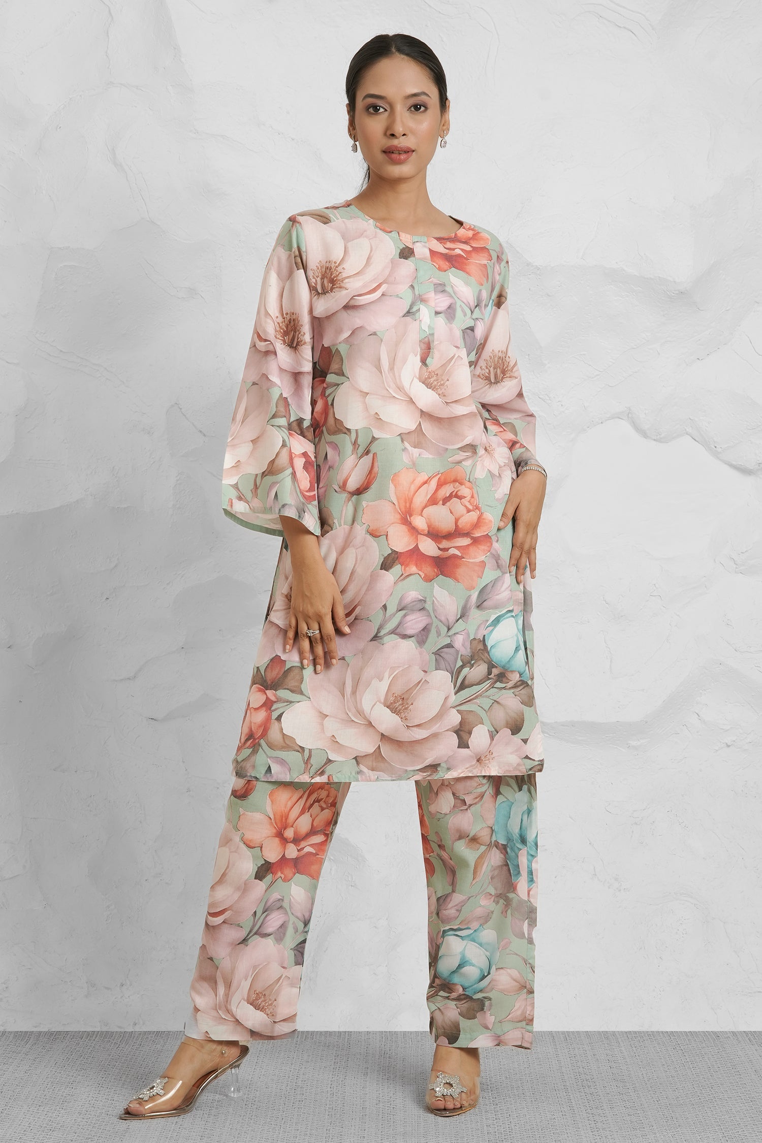Lawn Cotton Printkari Co-ord Set – Multicolor Pastel Floral Print With Straight pant