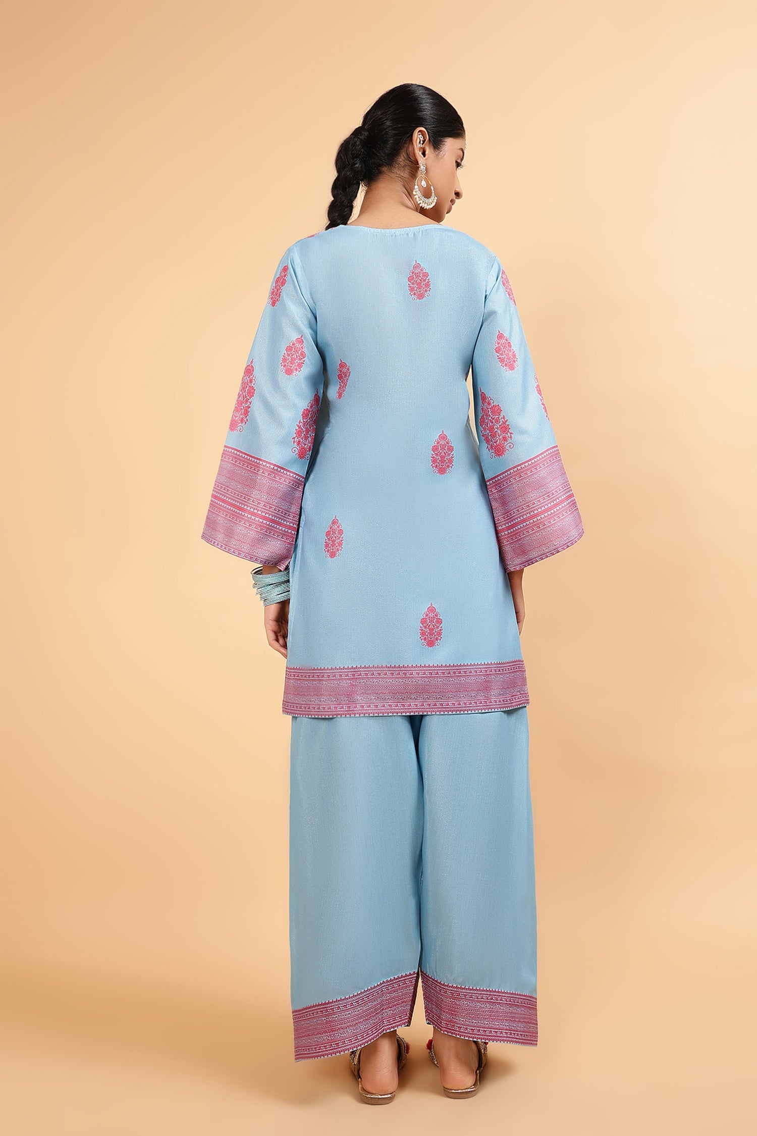 Lawn Cotton Shimmer Printed Cord Set with Magenta Motif Print & Farsi Bottom - Sky Blue