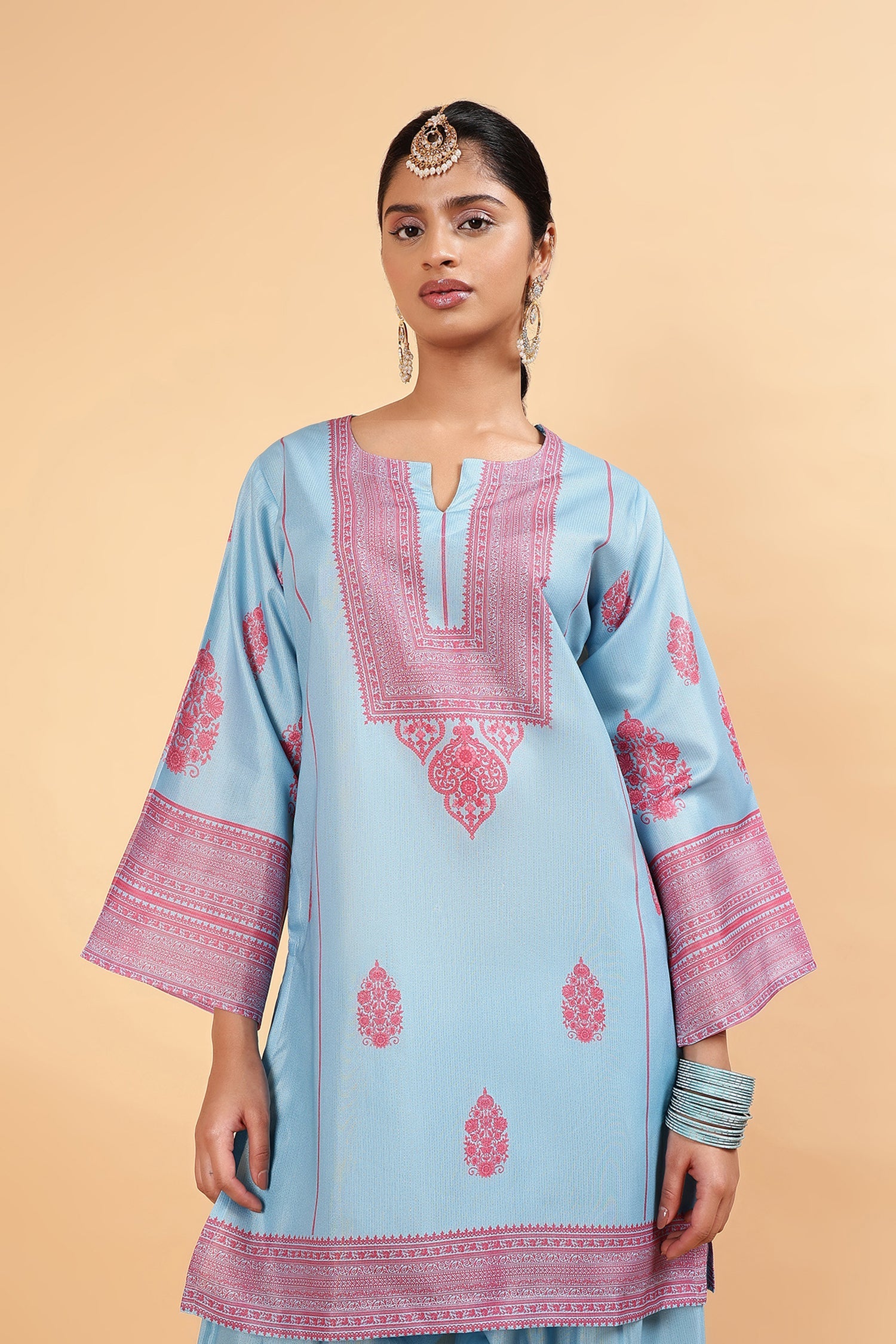 Lawn Cotton Shimmer Printed Cord Set with Magenta Motif Print & Farsi Bottom - Sky Blue