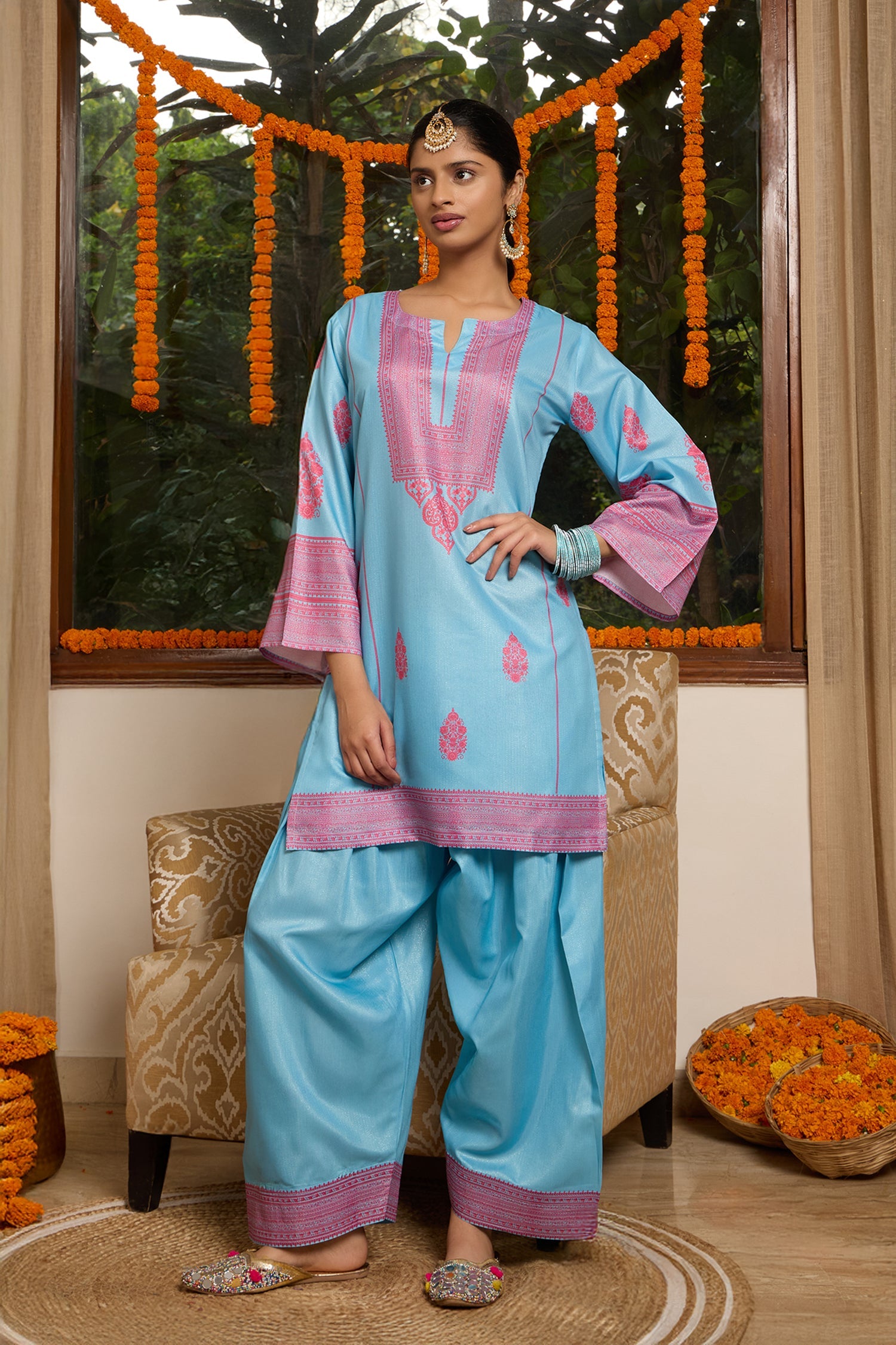 Lawn Cotton Shimmer Printed Cord Set with Magenta Motif Print & Farsi Bottom - Sky Blue