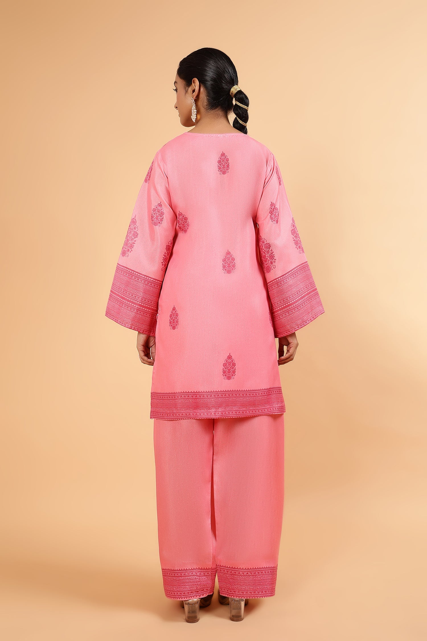 Shivani in Lawn Cotton Shimmer Printed Cord Set with Tonal Motif Print & Farsi Bottom - Peach