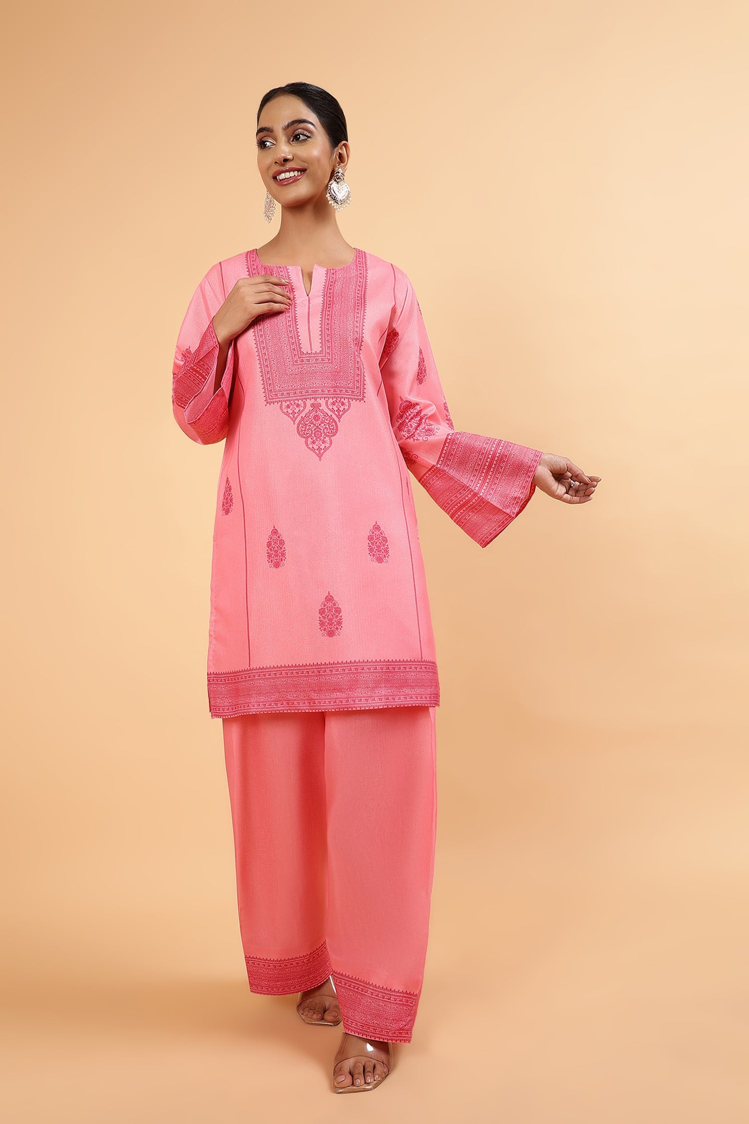 Shivani in Lawn Cotton Shimmer Printed Cord Set with Tonal Motif Print & Farsi Bottom - Peach