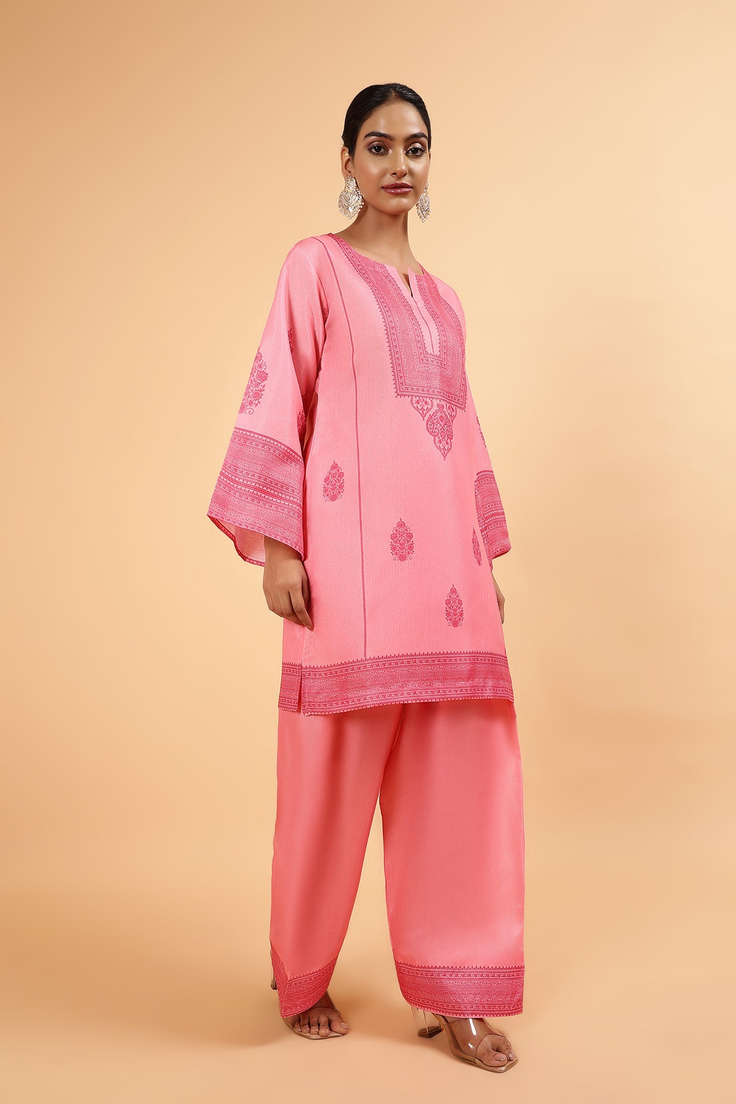 Shivani in Lawn Cotton Shimmer Printed Cord Set with Tonal Motif Print & Farsi Bottom - Peach