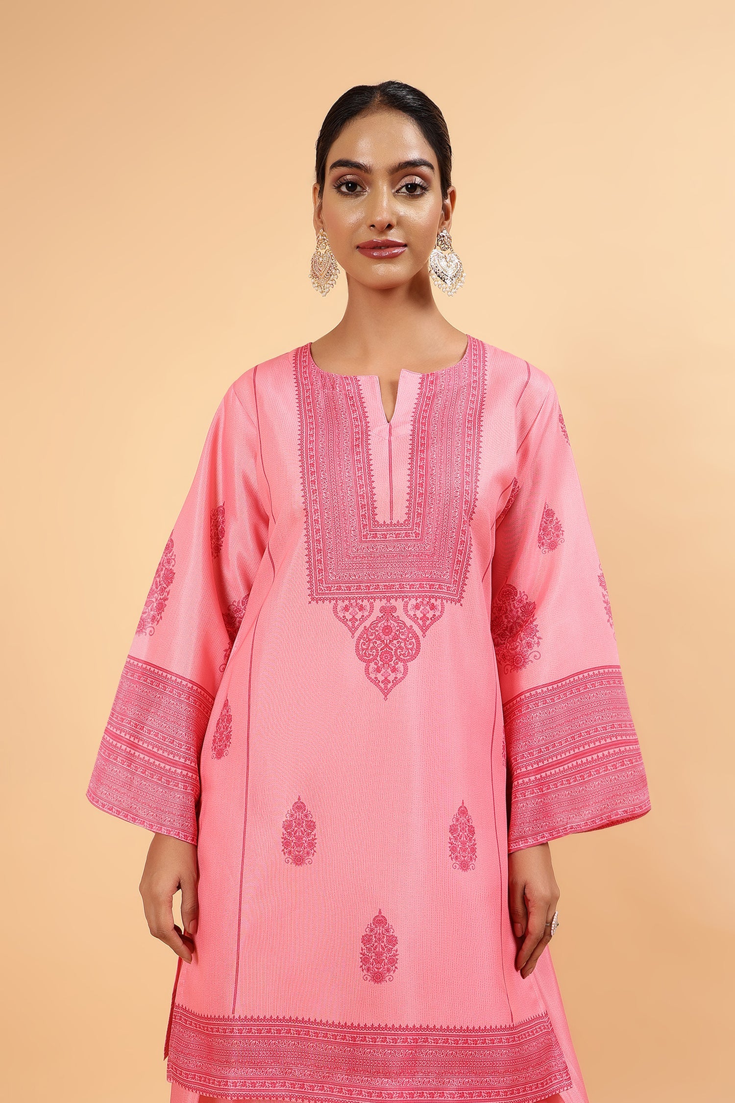 Shivani in Lawn Cotton Shimmer Printed Cord Set with Tonal Motif Print & Farsi Bottom - Peach