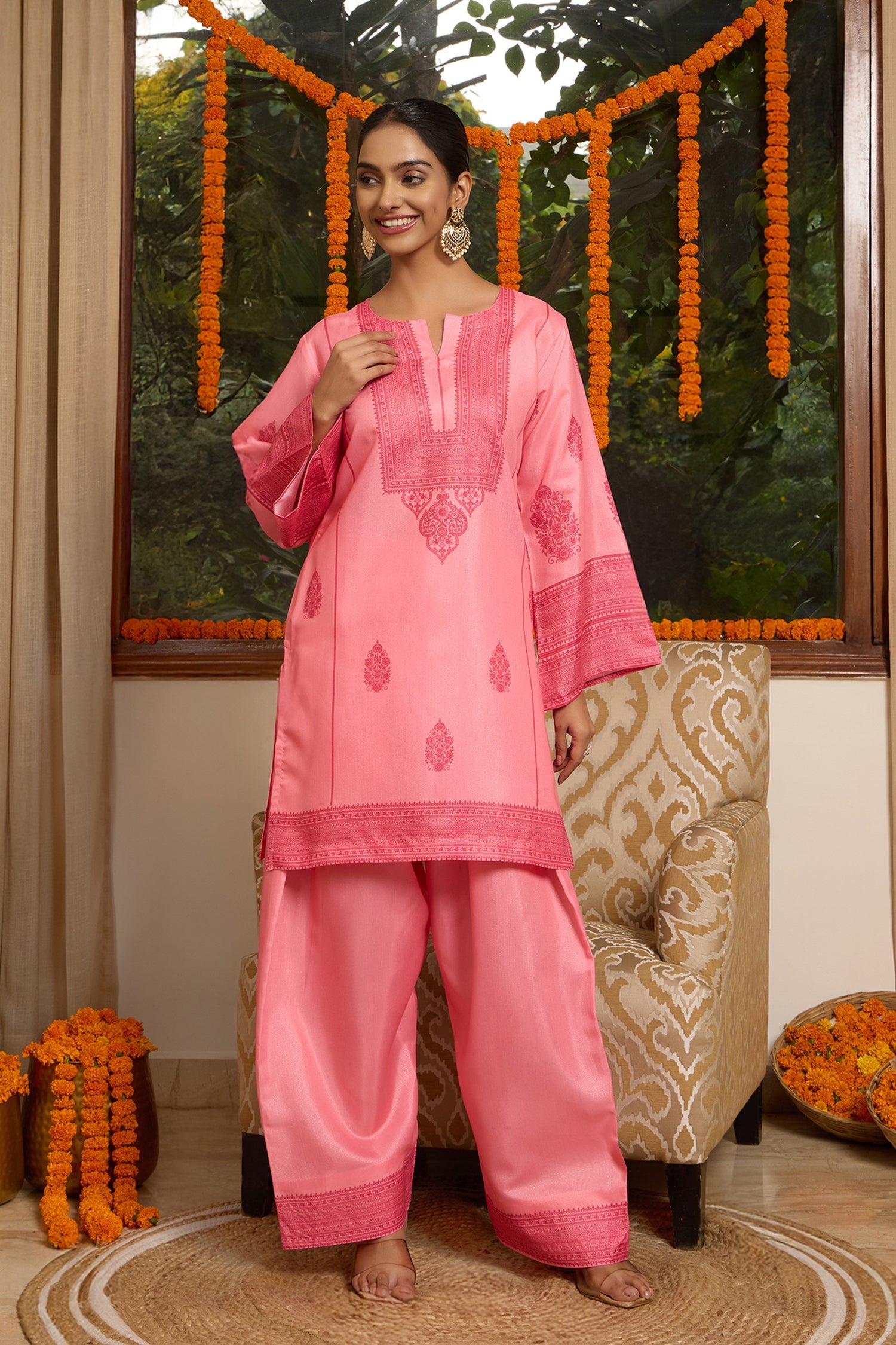 Lawn Cotton Shimmer Printed Cord Set with Tonal Motif Print & Farsi Bottom - Peach