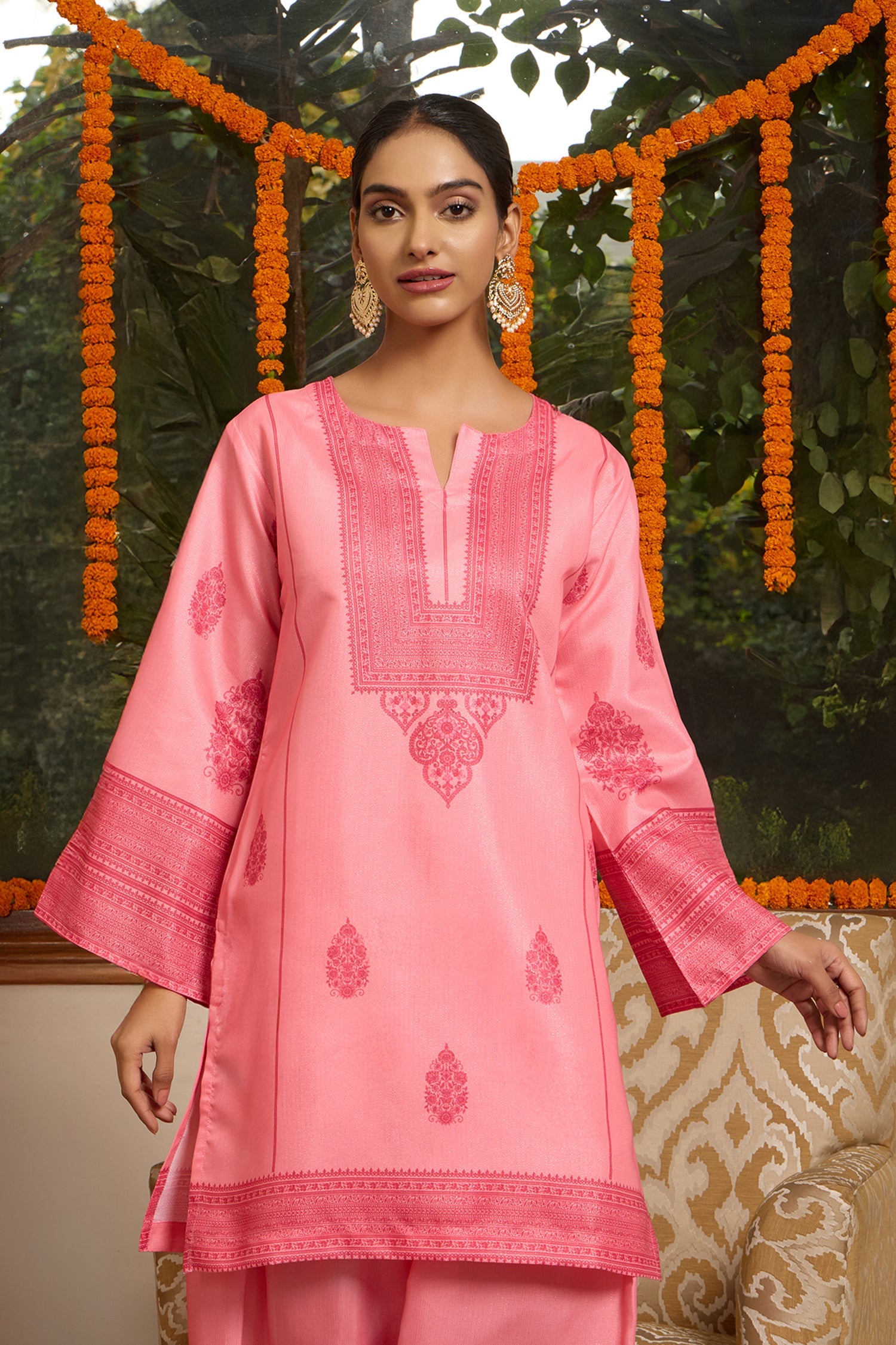 Lawn Cotton Shimmer Printed Cord Set with Tonal Motif Print & Farsi Bottom - Peach