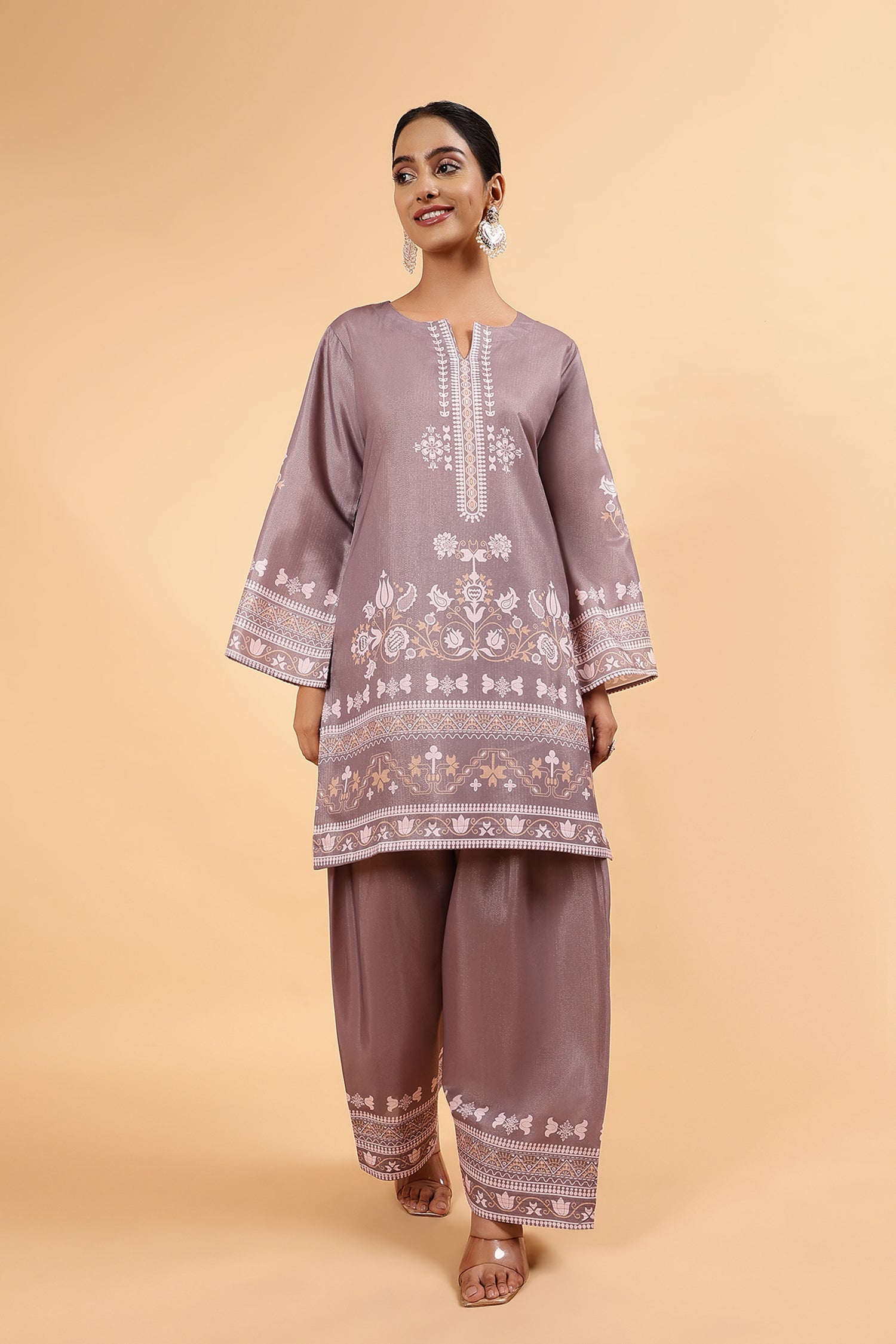 Lawn Cotton Shimmer Printed Cord Set with Beige Ethnic Print & Farsi Bottom - Brown