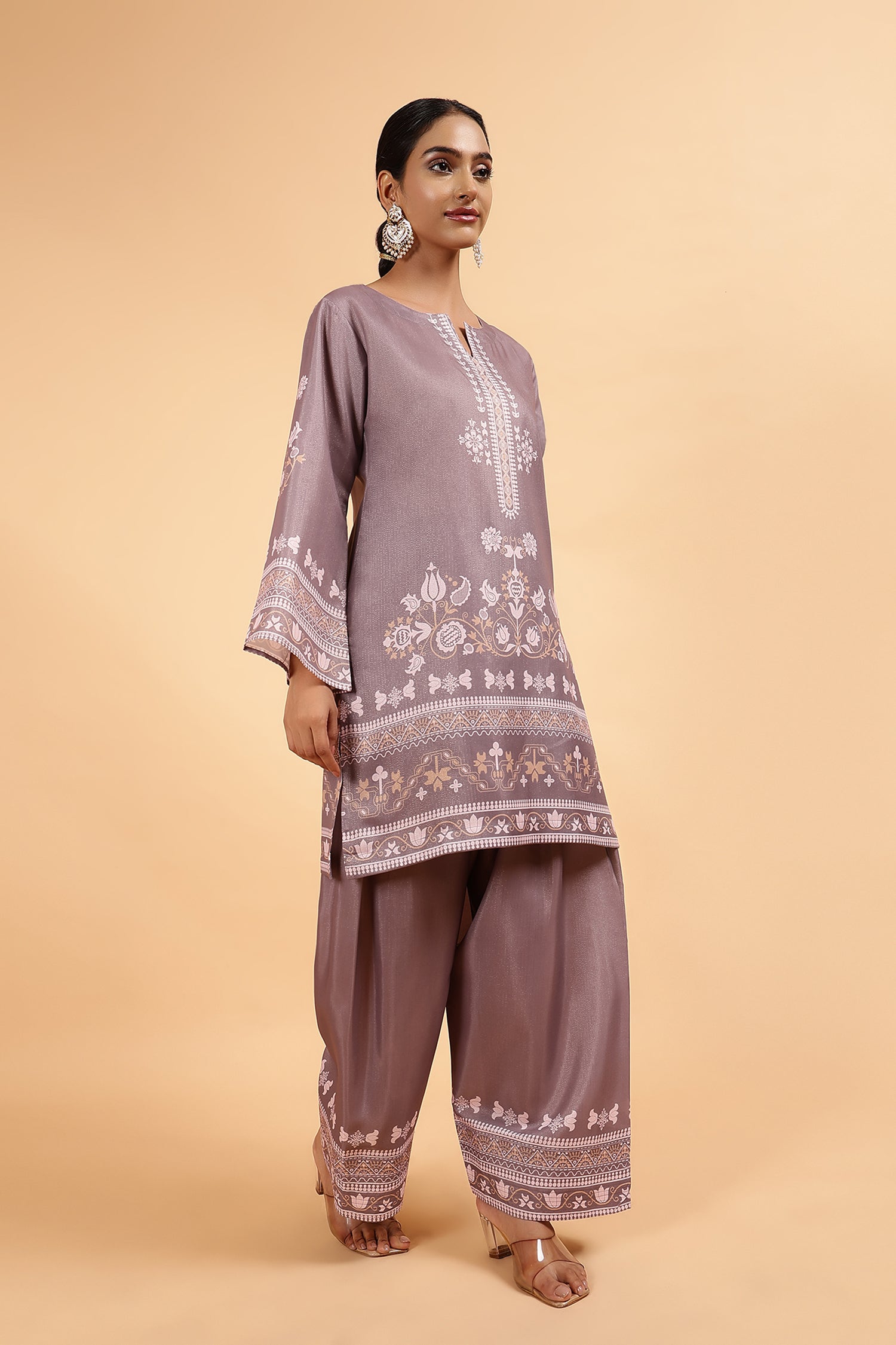 Lawn Cotton Shimmer Printed Cord Set with Beige Ethnic Print & Farsi Bottom - Brown