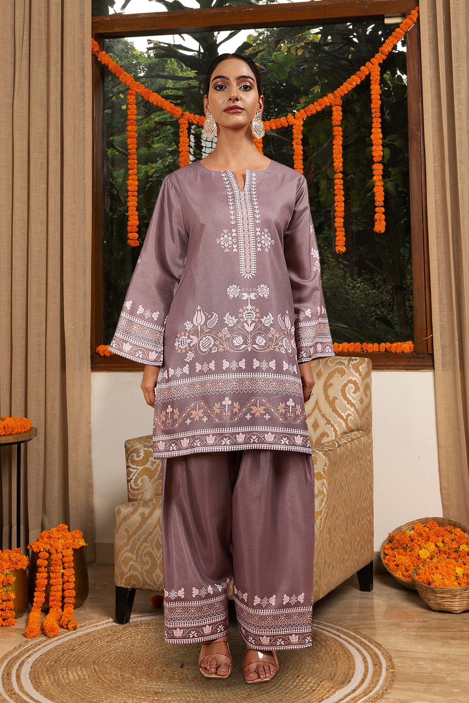 Lawn Cotton Shimmer Printed Cord Set with Beige Ethnic Print & Farsi Bottom - Brown