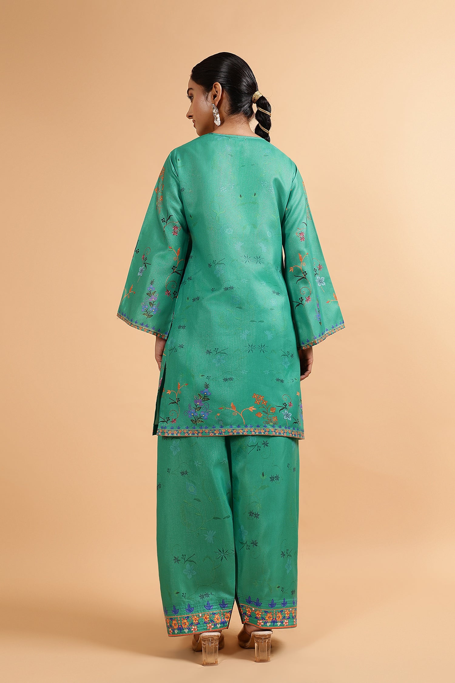 Lawn Cotton Shimmer Printed Cord Set with Multicolor Print & Farsi Bottom - Emerald Green