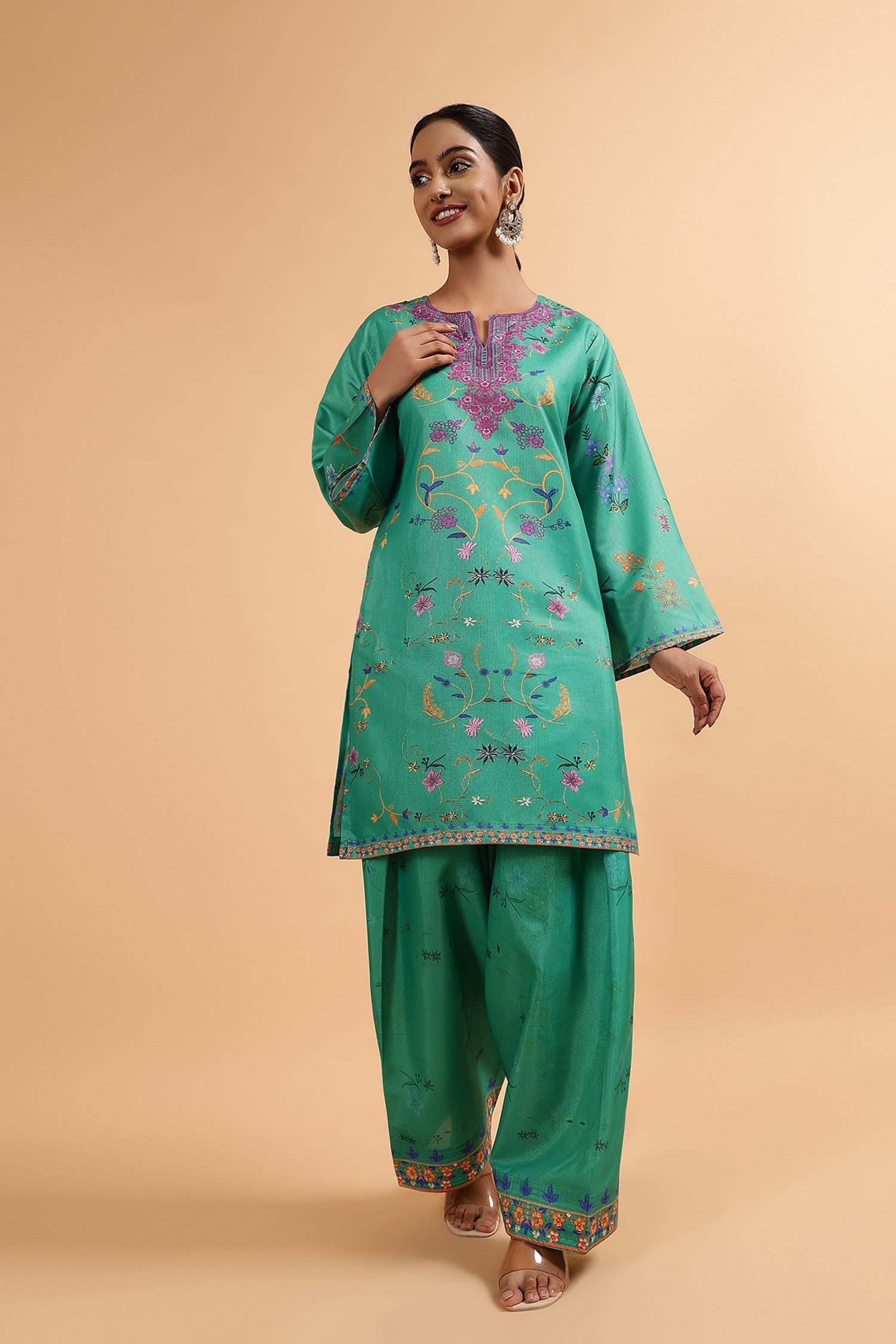 Lawn Cotton Shimmer Printed Cord Set with Multicolor Print & Farsi Bottom - Emerald Green