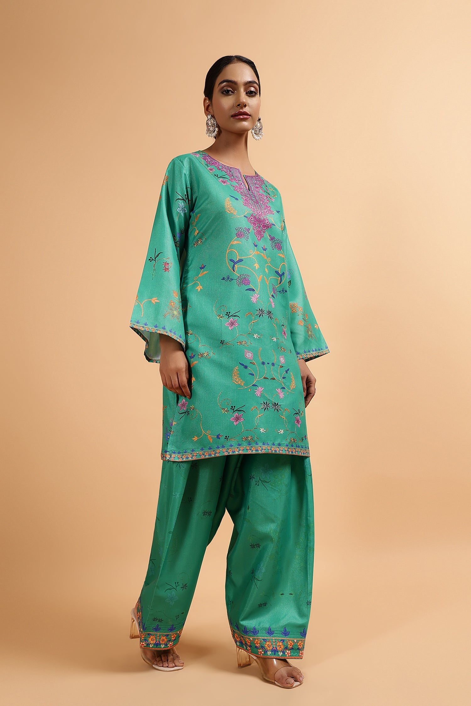 Lawn Cotton Shimmer Printed Cord Set with Multicolor Print & Farsi Bottom - Emerald Green