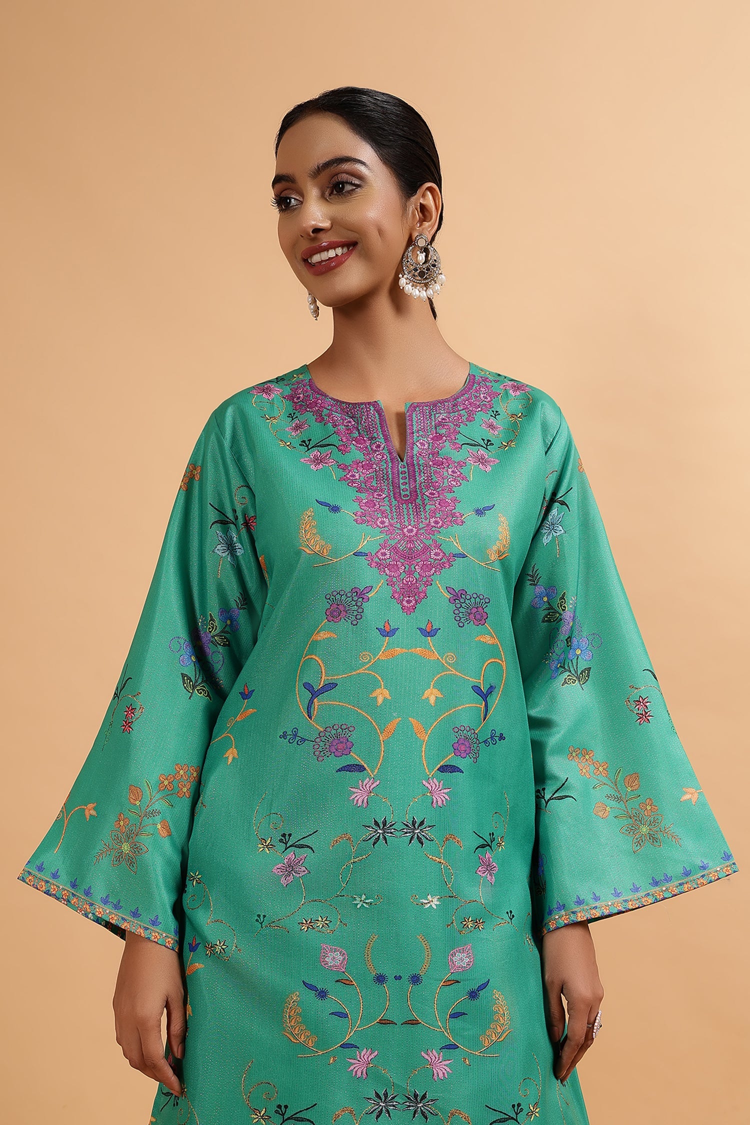 Lawn Cotton Shimmer Printed Cord Set with Multicolor Print & Farsi Bottom - Emerald Green